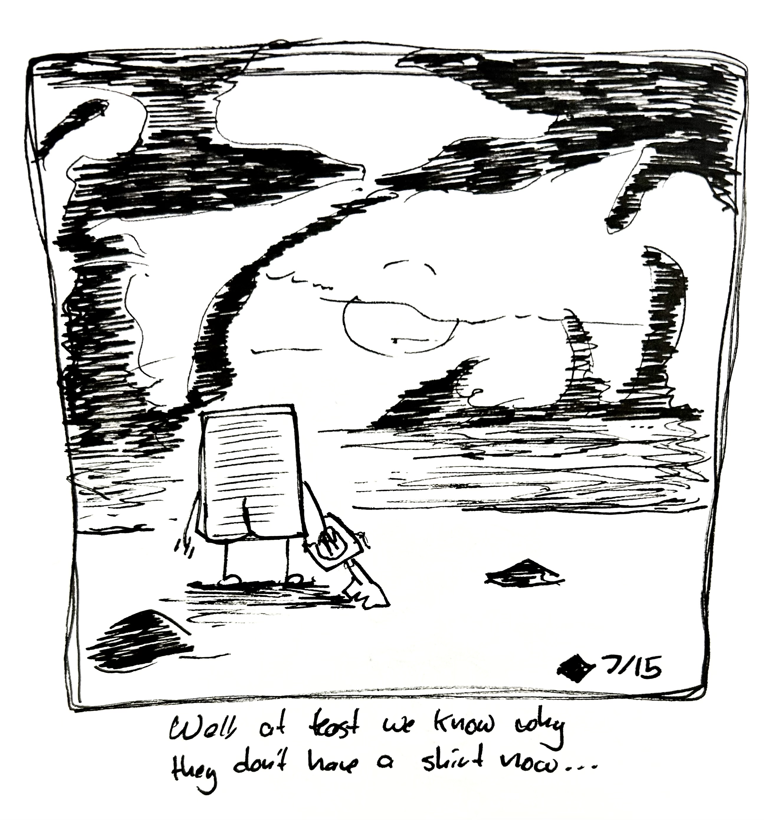 The little guy stares out at the beach in the world of darkness from Kingdom Hearts while holding a Keyblade. The caption reads "well at least we know why they don't have a shirt now…"