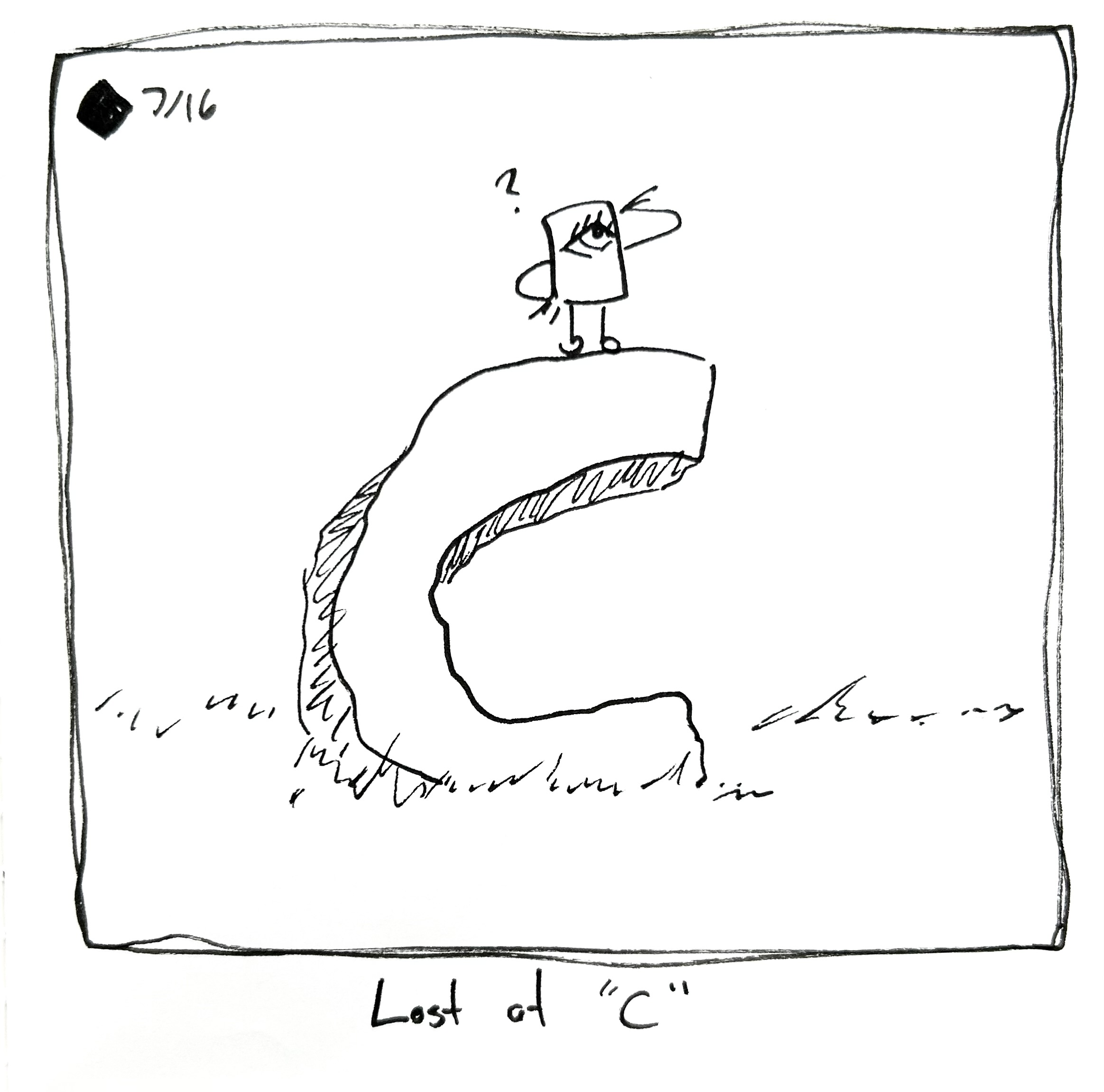 The little guy stands on top of a giant c. The caption reads "lost at ‘C'"
