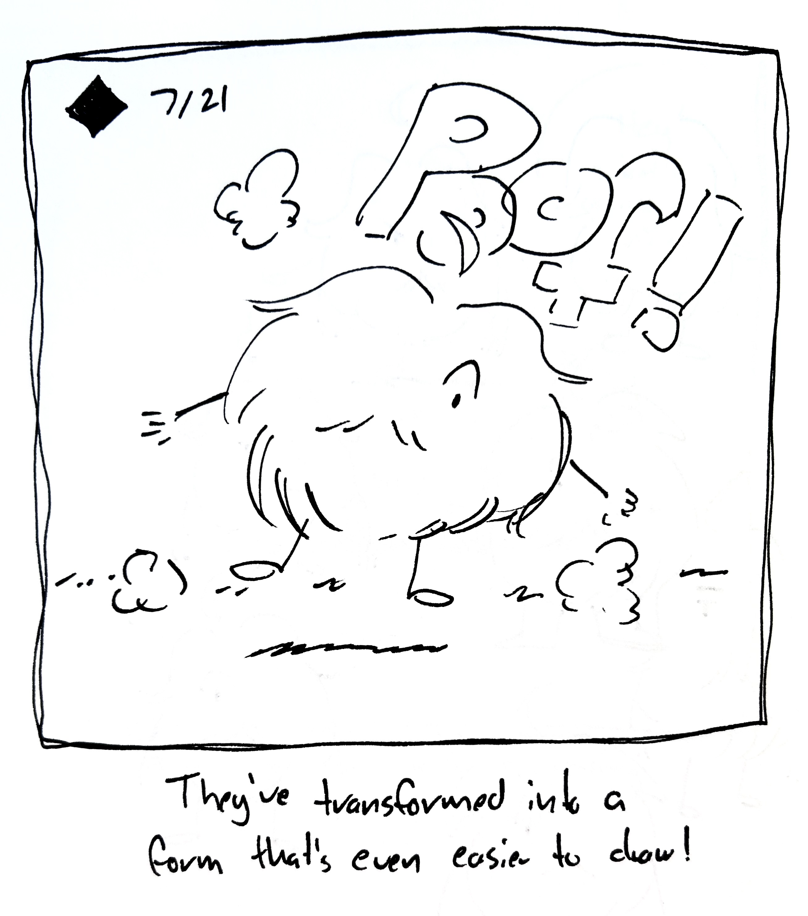 The Mercenary pops into a simpler form that's all hair and little stick arms and legs. The caption reads "they've transformed into a form that's even easier to draw!"