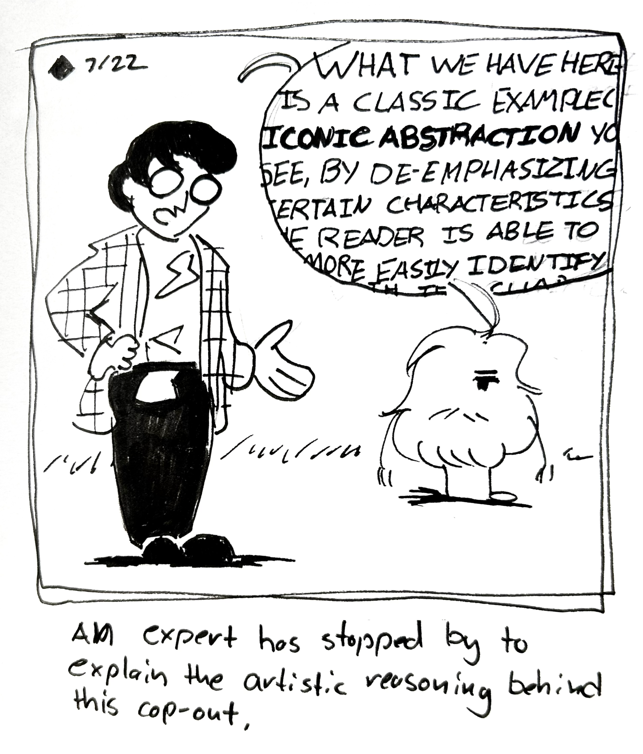 Scott McCloud explains in a very wordy word bubble the concept of Iconic Abstraction and how the Mercenary's new design allows the reader to identify more closely with them. The caption reads "An expert stopped by to explain the artistic reasoning behind this cop-out"