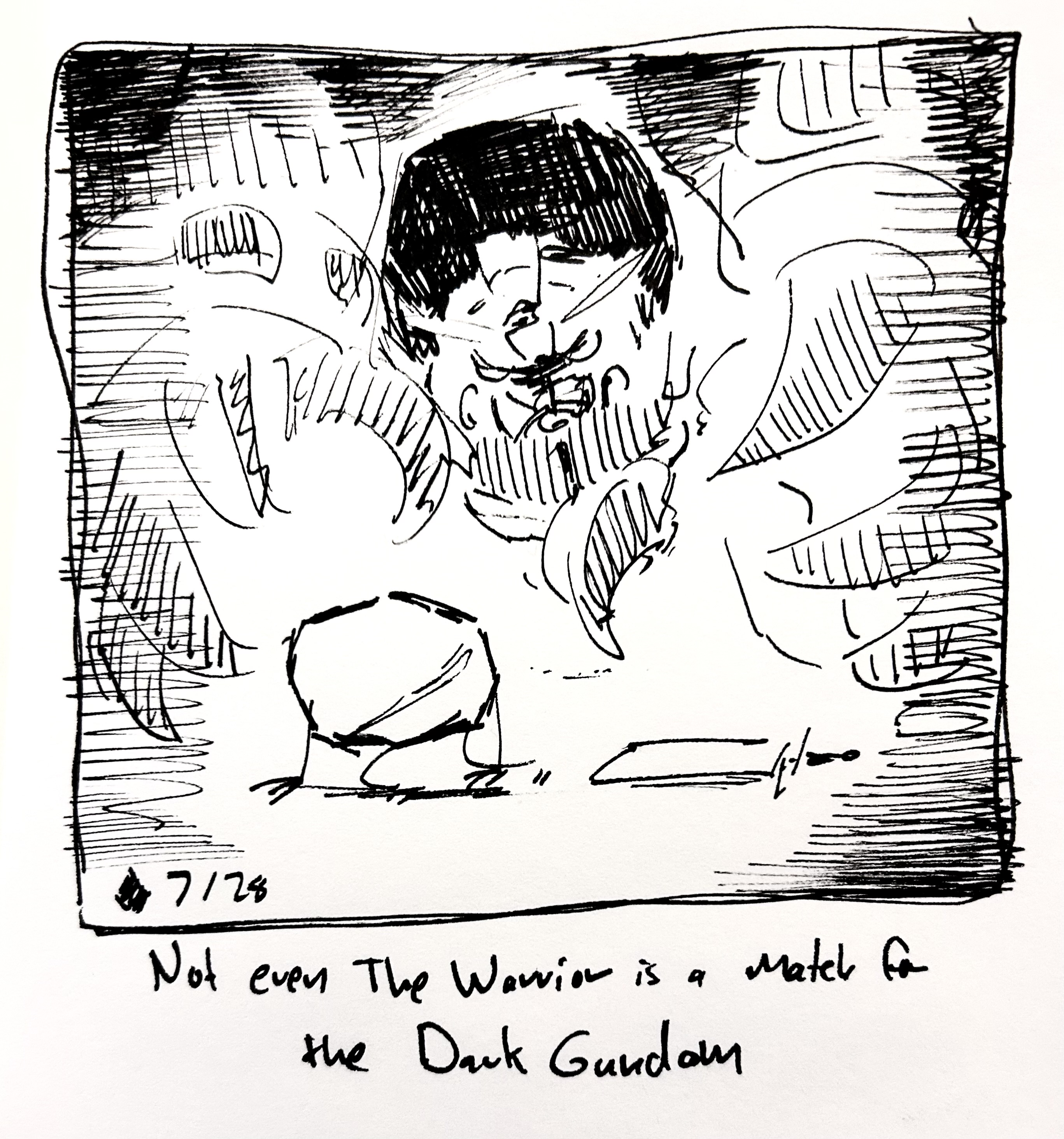 The Dark Gundam looms over a defeated Warrior. The caption reads "not even the Warrior is a match for the Dark Gundam"