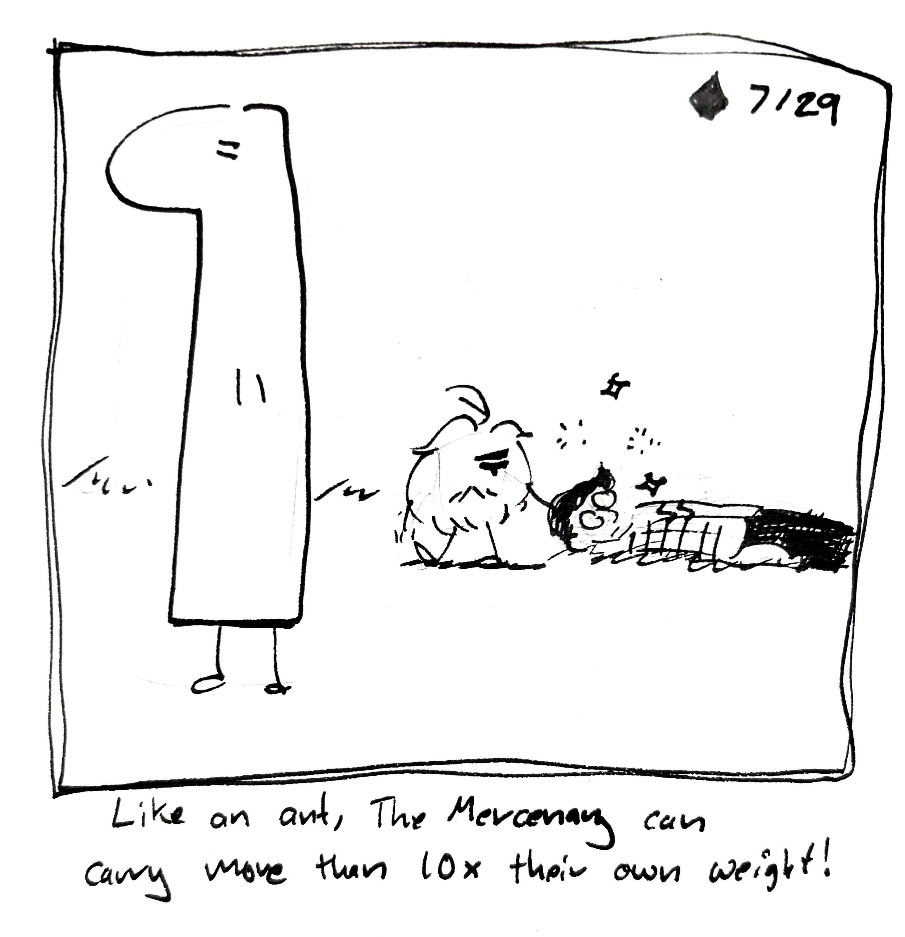 The Mercenary drags Scott McCloud over to the tall one. The caption reads "Like an ant, the Mercenary can carry more than 10 times their own weight!"