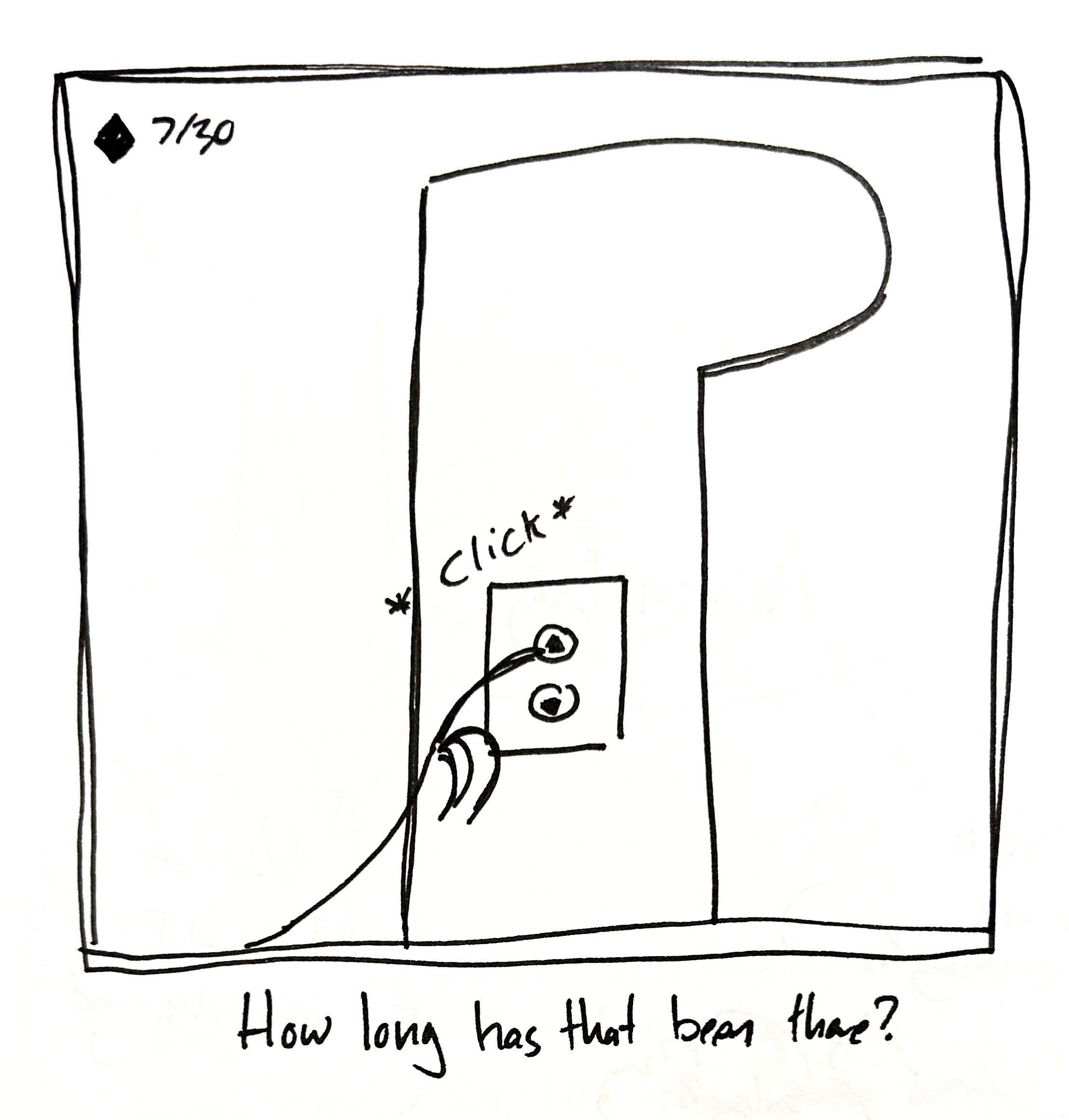 The mercenary presses a button on the back of the tall one going up. The caption reads "How ling has that been there?"