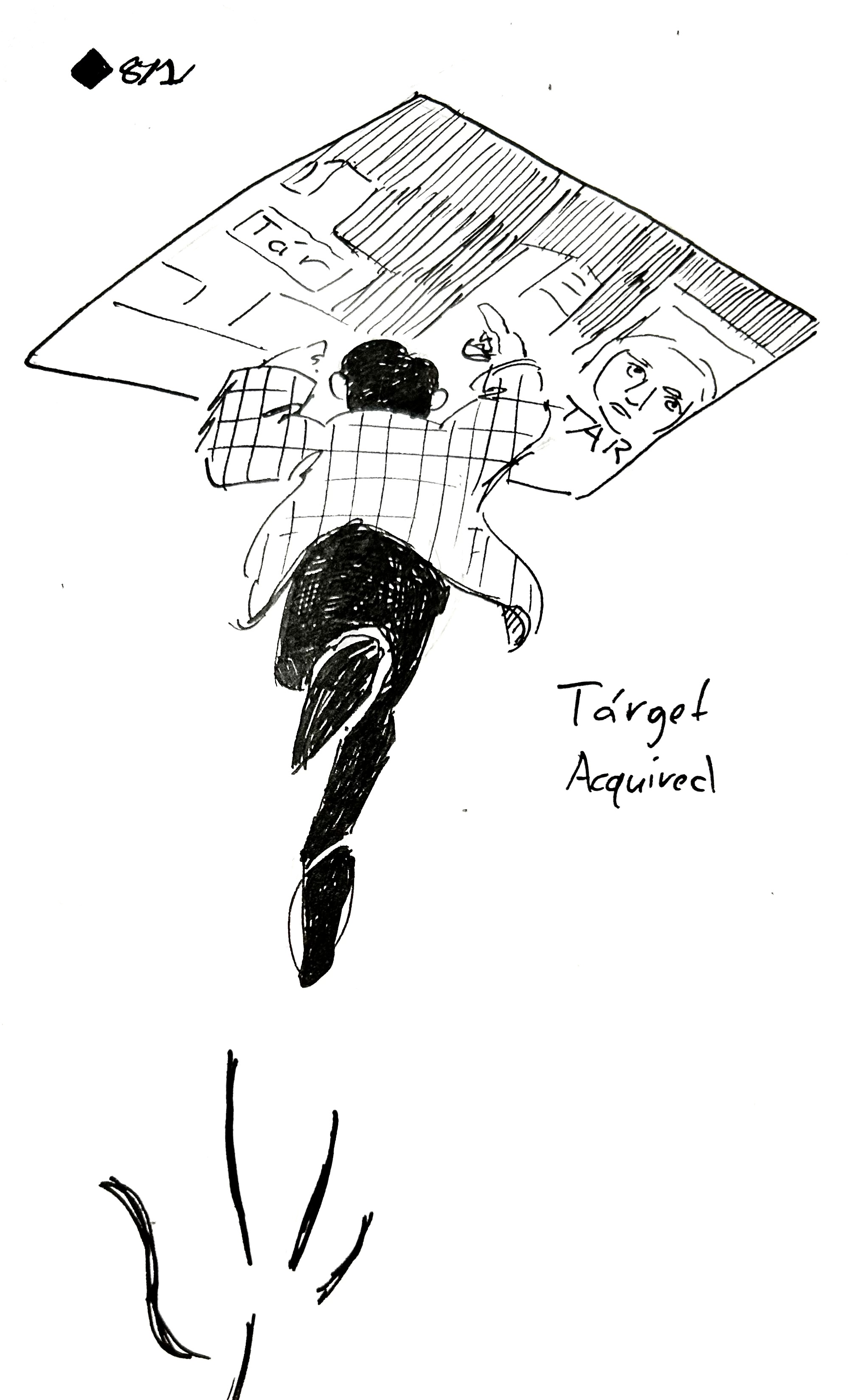 The Mercenary throws Scott McCloud into the Tar comic. The caption reads "Tàrget acquired"