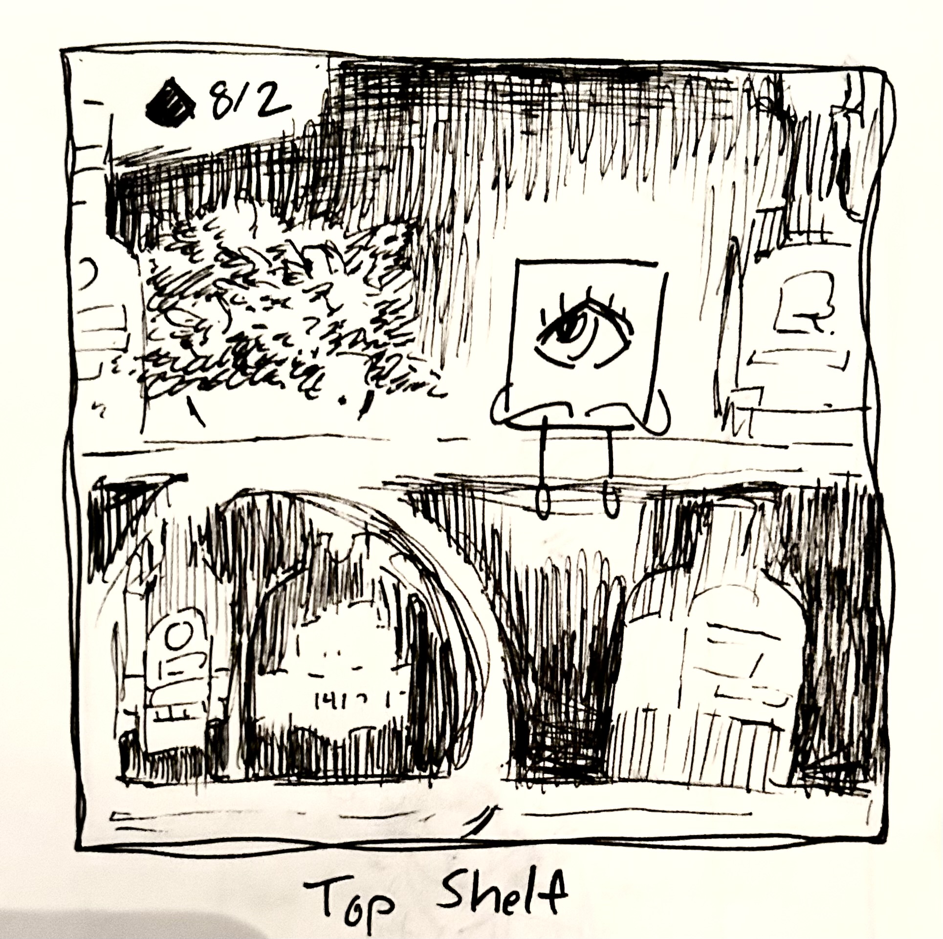 The little guy sits on a shelf among some expensive liquor. The caption reads "top shelf"