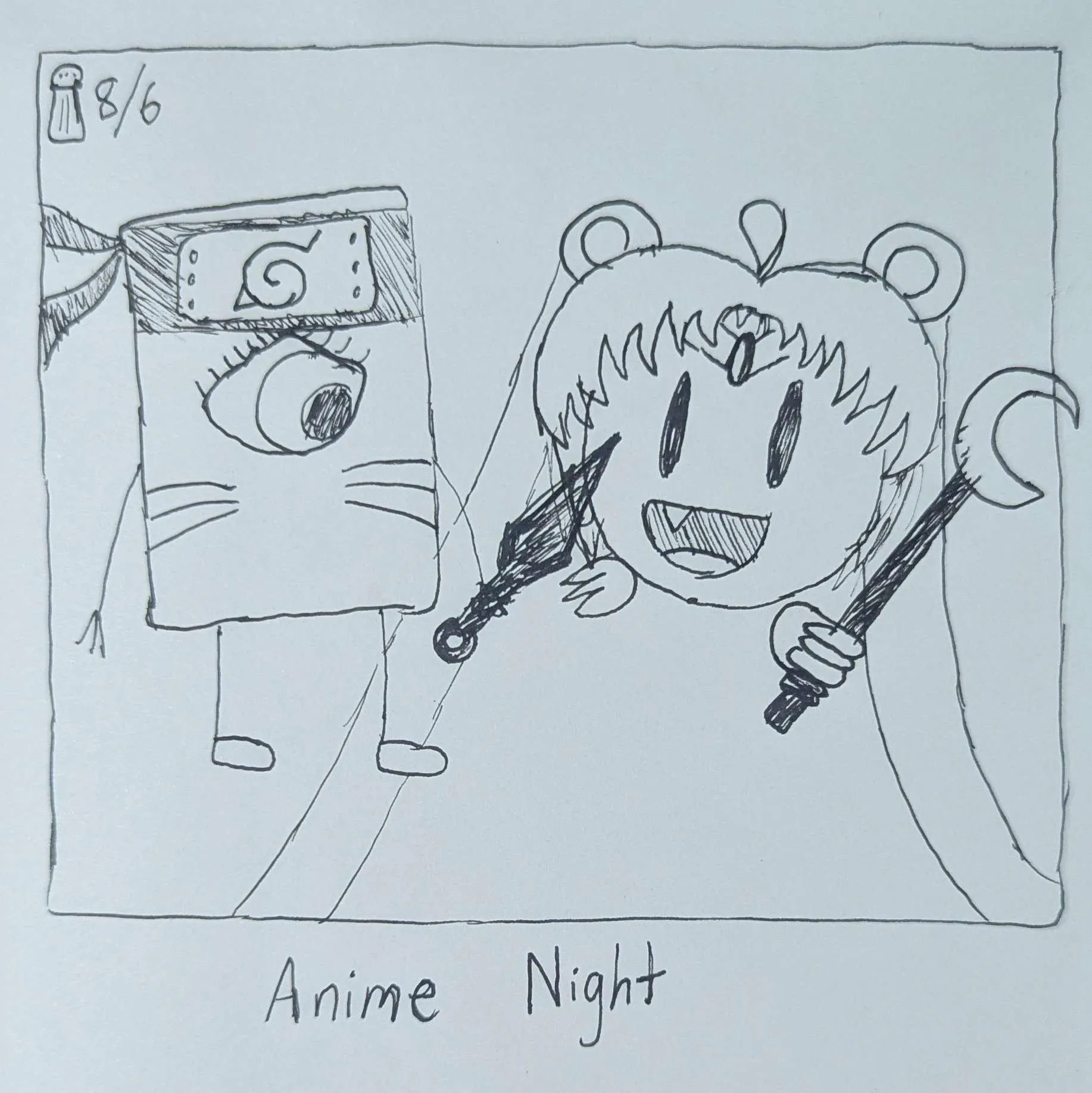 The little guy is dressed as Naruto and the Gromlin is dressed as Sailor Moon. The caption reads "Anime Night"