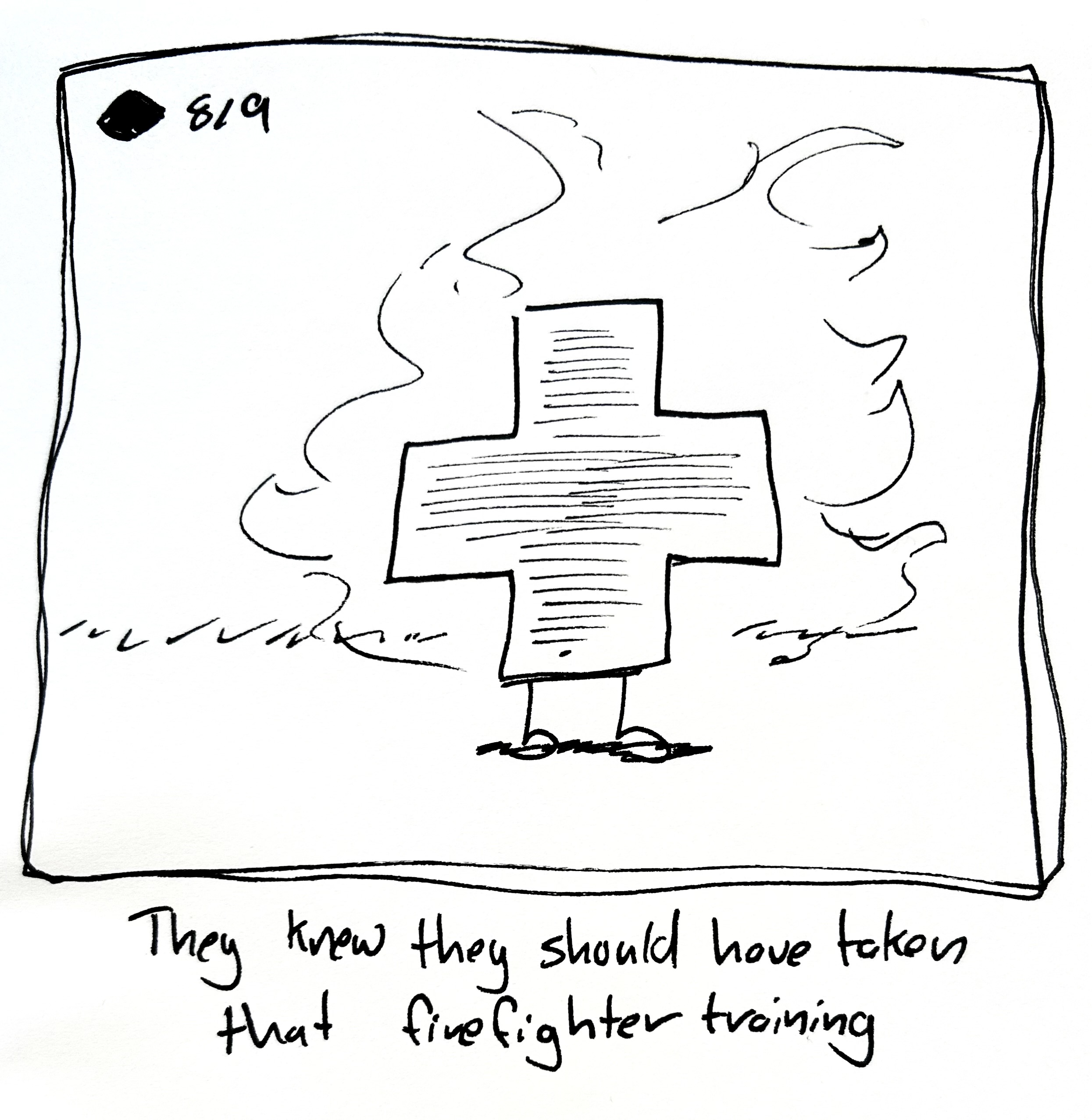 The plush shaped guy stands while on fire. The caption reads "they knew they should have taken that firefighter training"