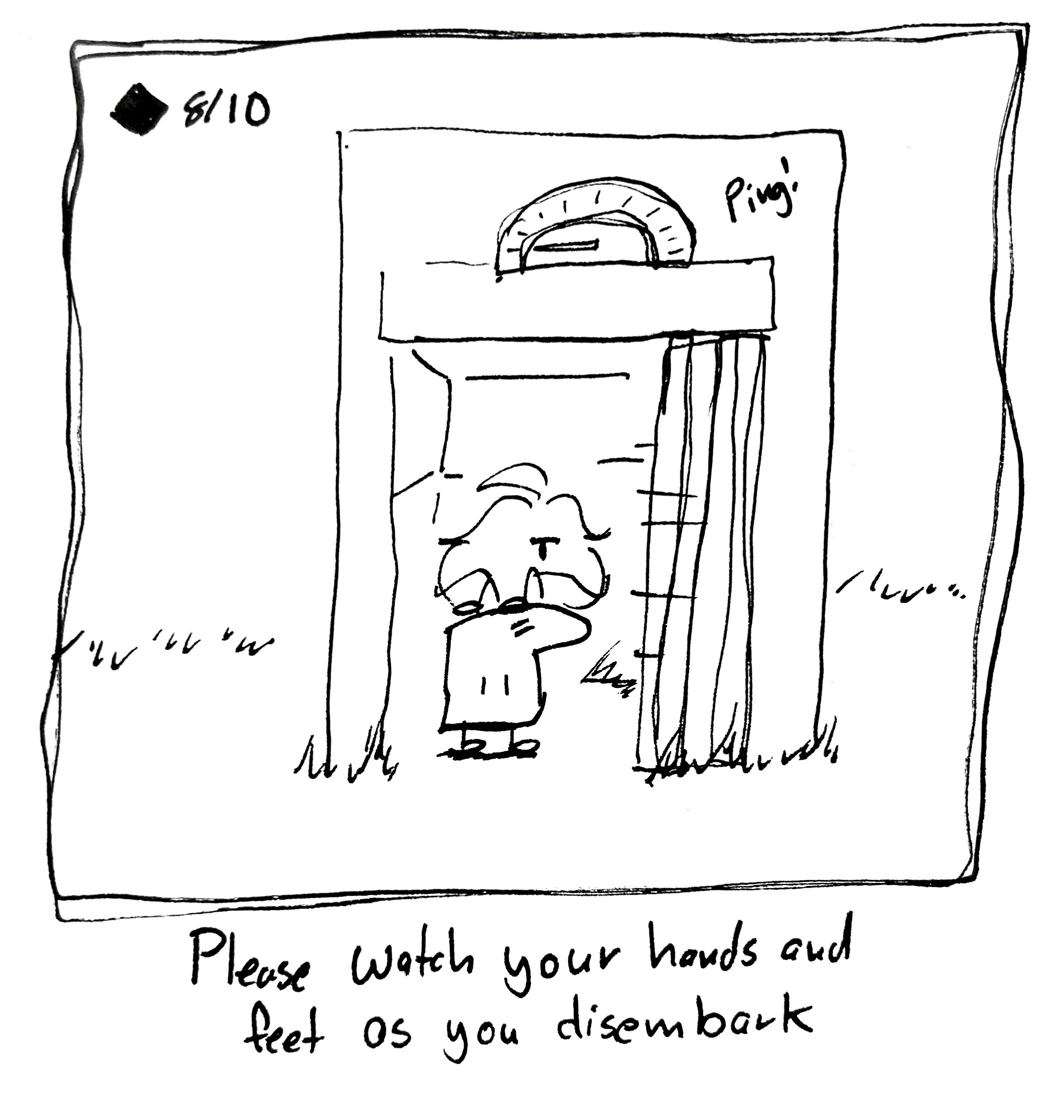 The mercenary sits on top of the Tall One, who's shrunk quite a bit, as an elevator door opens. The caption reads "please watch your hands and feet as you disembark"