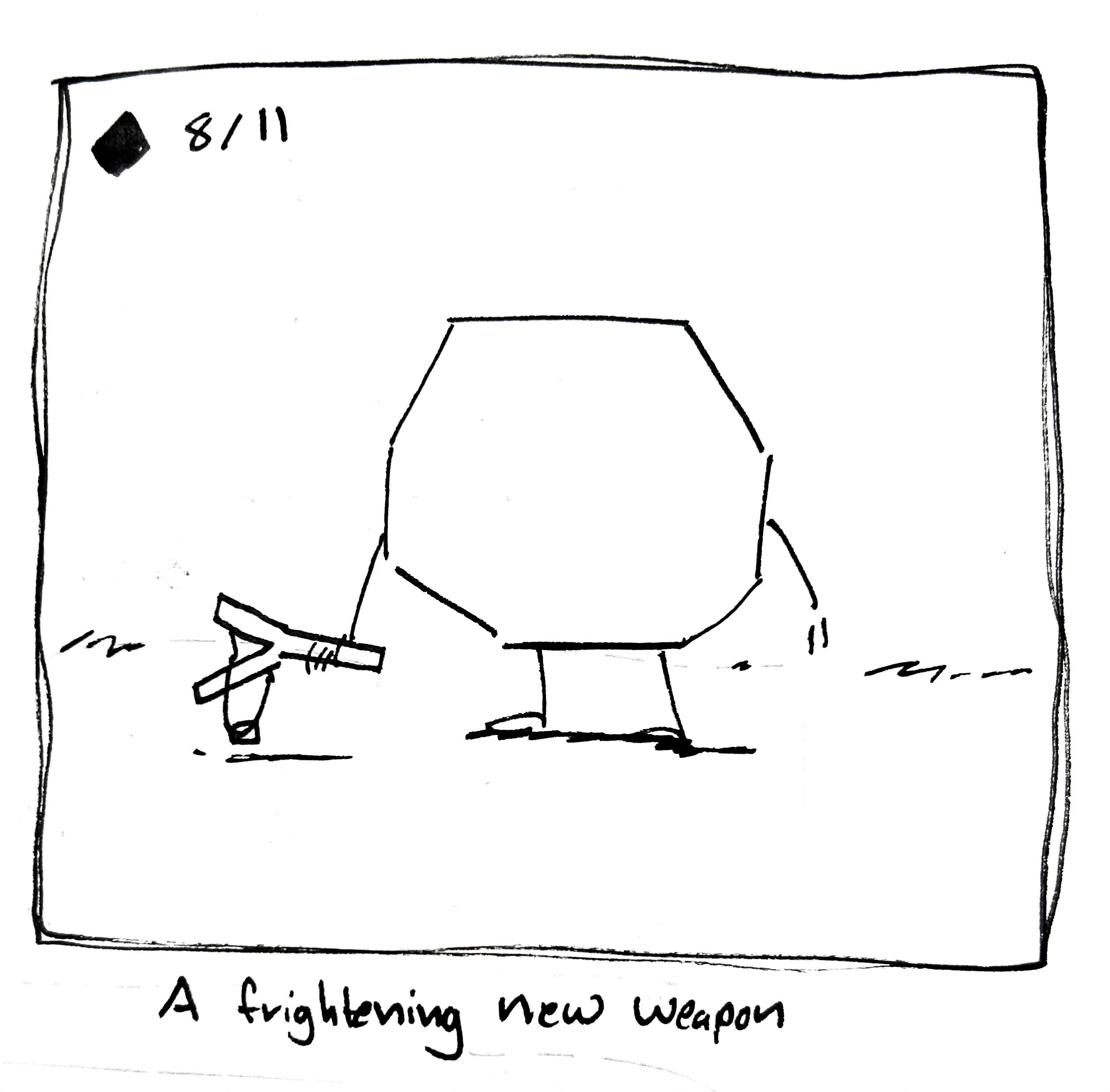 The Warrior holds a slingshot. The caption reads "a frightening new weapon"