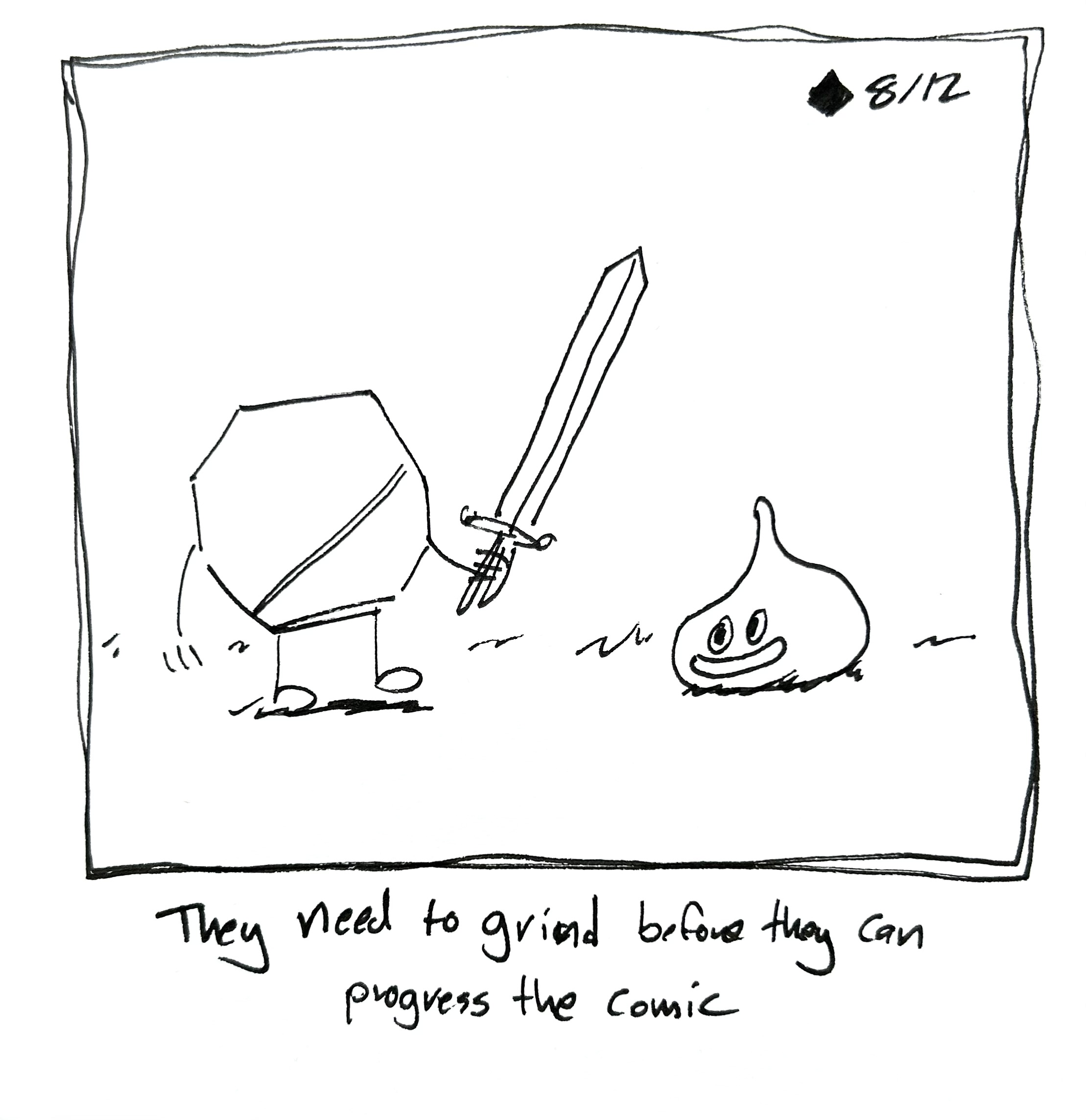 The Warrior fights a Dragon Quest Slime. The caption reads "they need to grind before they can progress the comic"