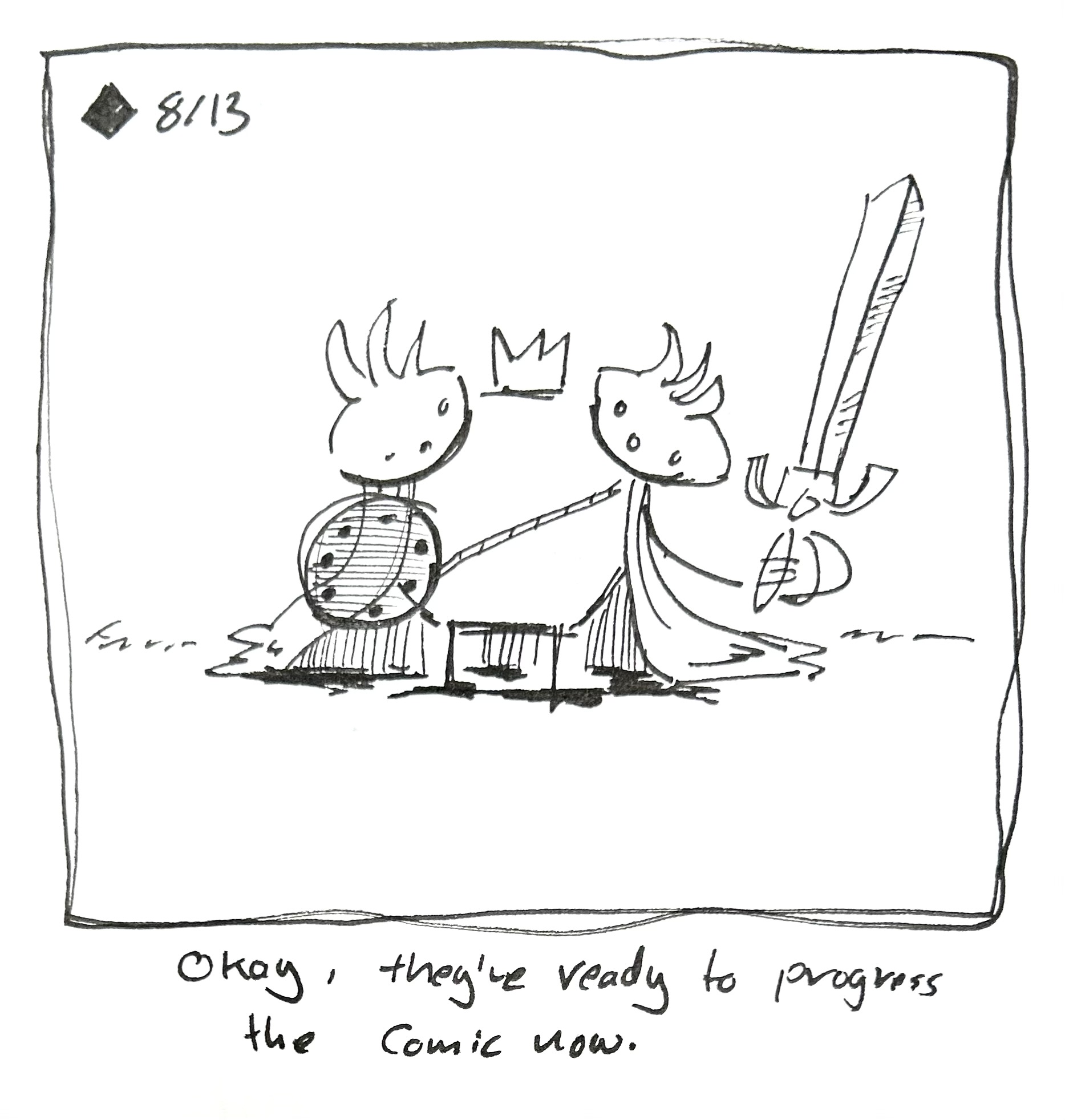 The Warrior is decked out in loot and armor. The caption reads "Okay, they're ready to progress the comic now"