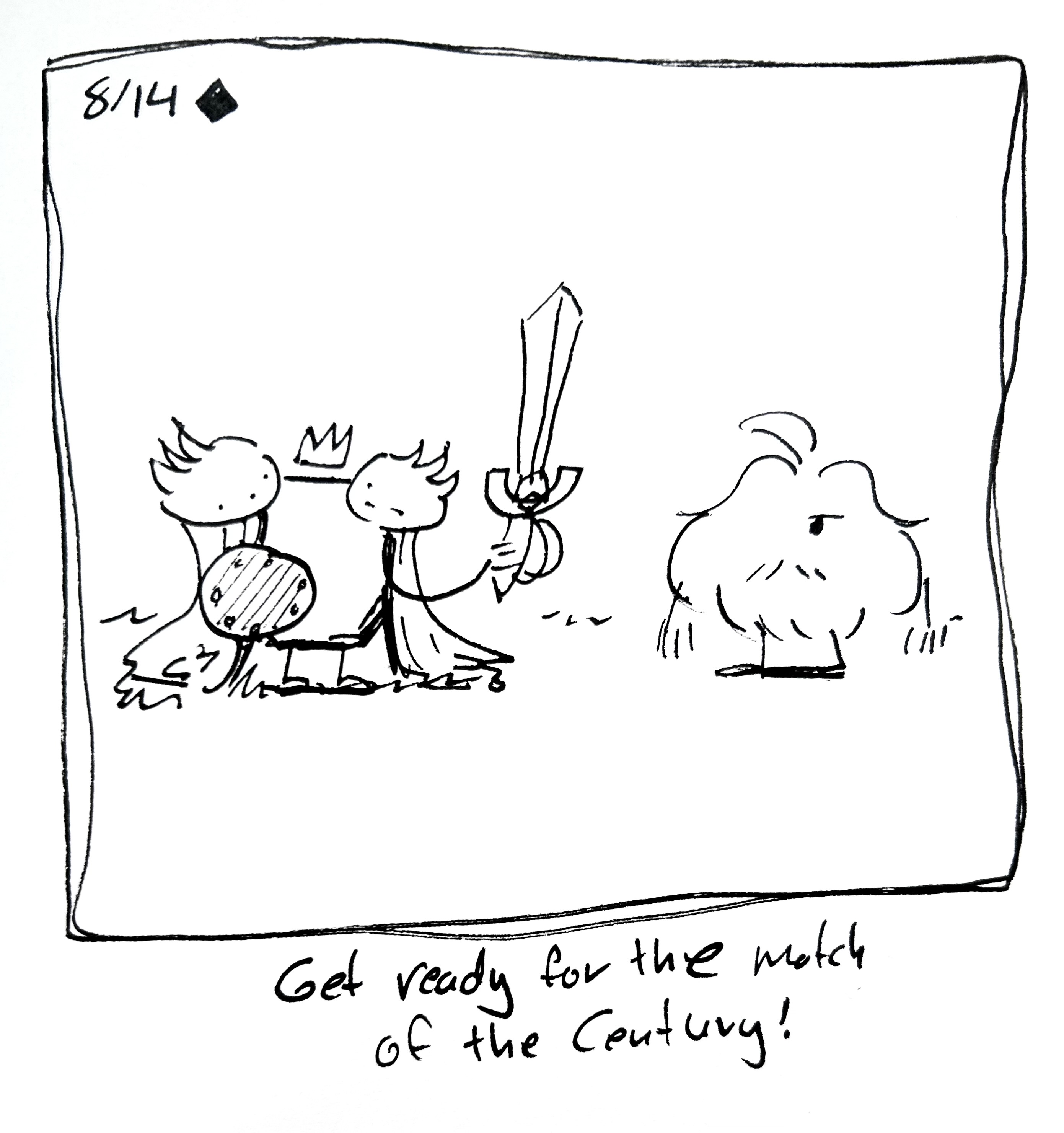 The Warrior, fully decked out, stares down the Mercenary. The caption reads "Get ready for the match of the century!"