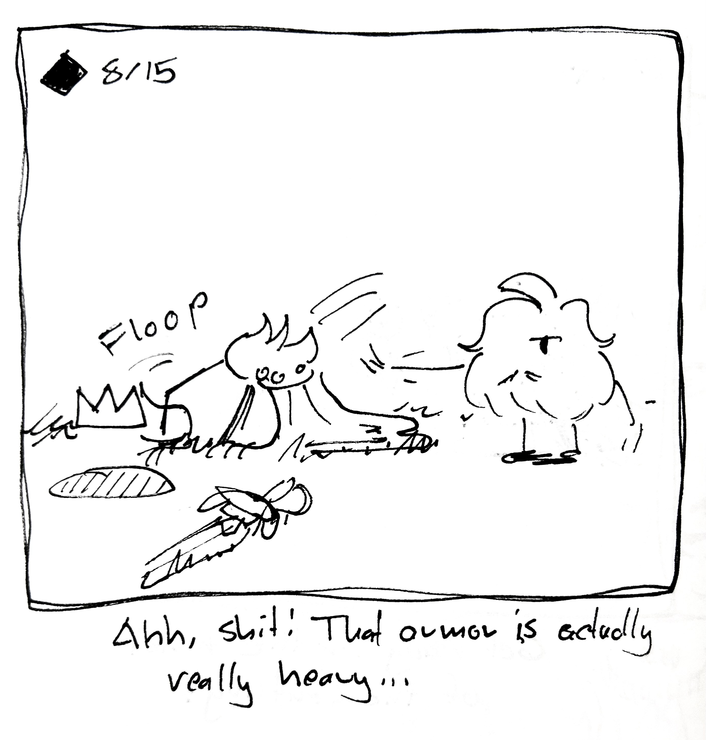 The Mercenary pushes the Warrior down, and they can't get up due to the weight of their armor. The caption reads "ahh shit! That armor is actually really heavy…"