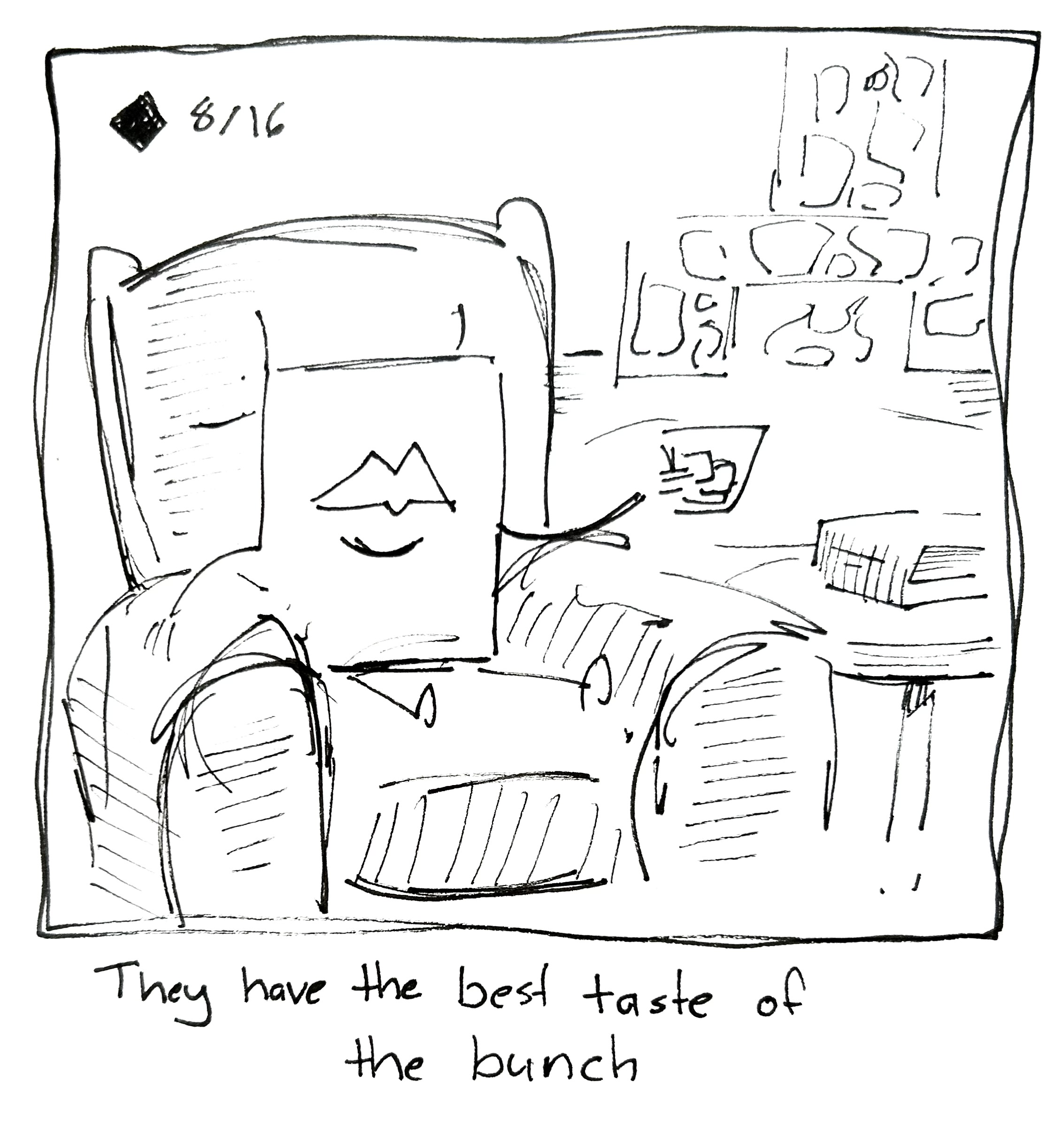 The cousin with the mouth sits in a comfy chair drinking scotch with a book on the table and a fire burning in the fireplace. The caption reads "they have the best taste of the bunch"