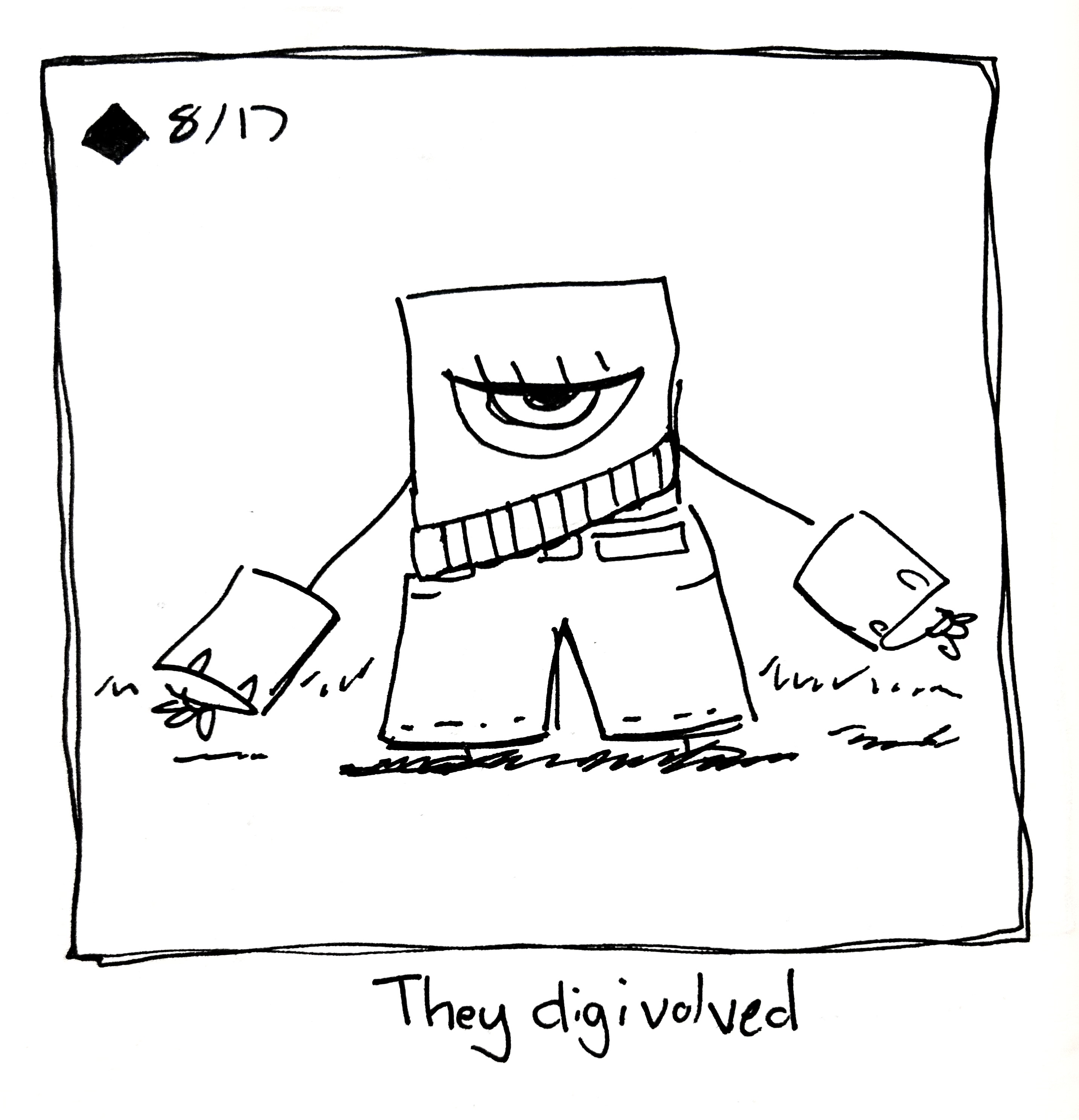 The little guy has gun arms, an ammo belt, and jeans. The caption reads "they digivolved"