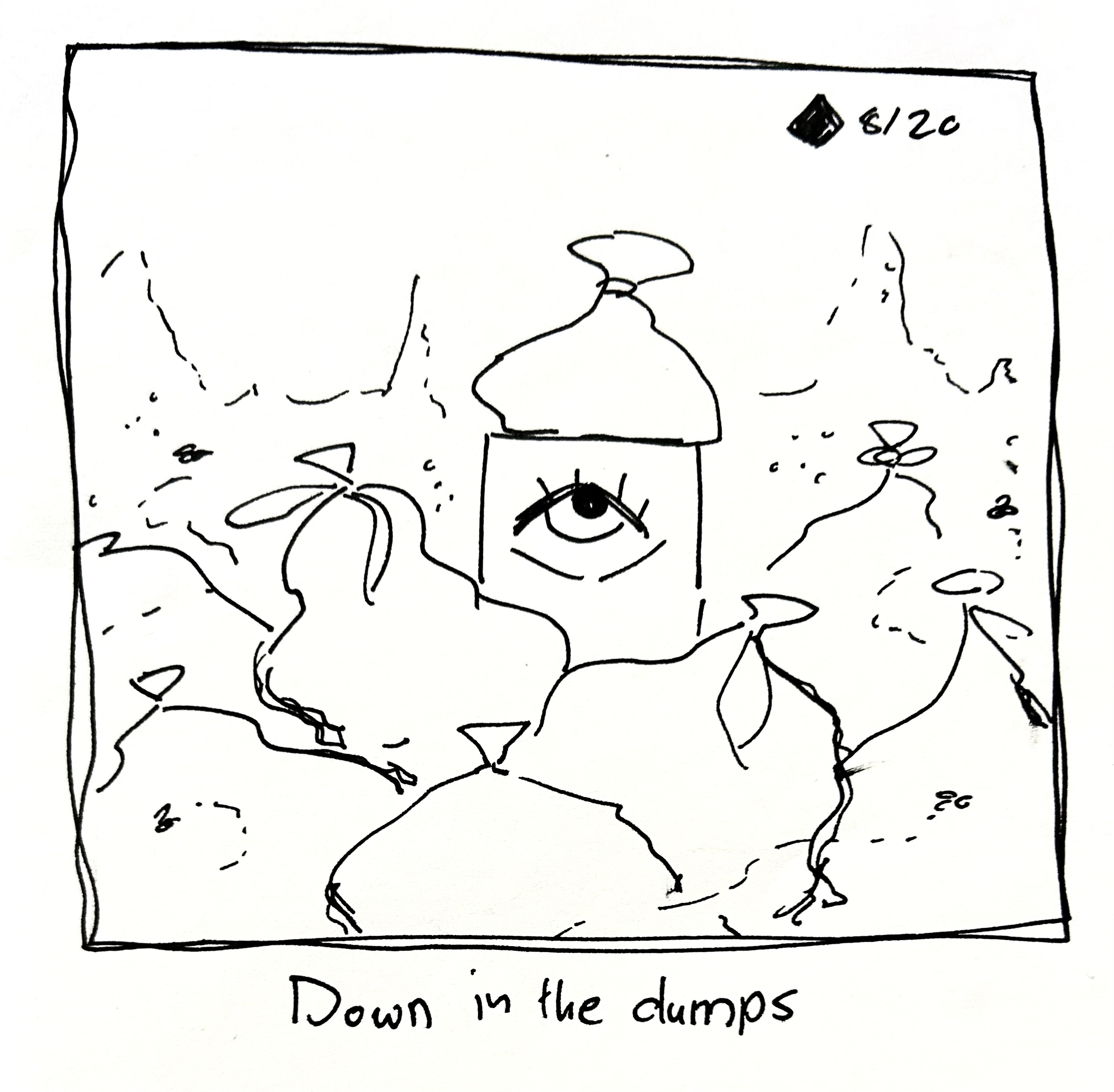 The little guy sits in a pile of trash. The caption reads "down in the dumps"
