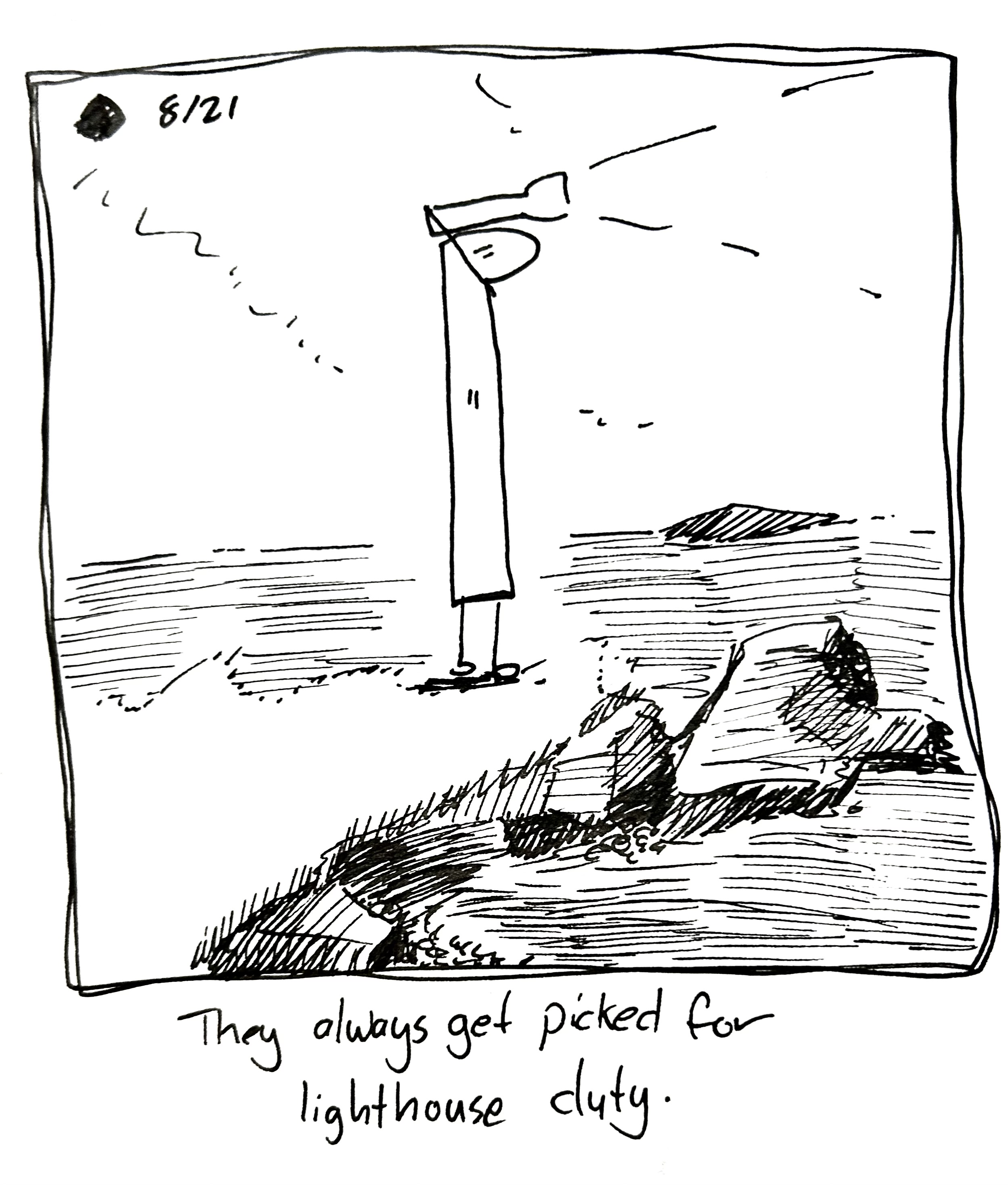 The tall one stands on the edge of a cliff with a flashlight strapped to their head. The caption reads "they always get picked for lighthouse duty"