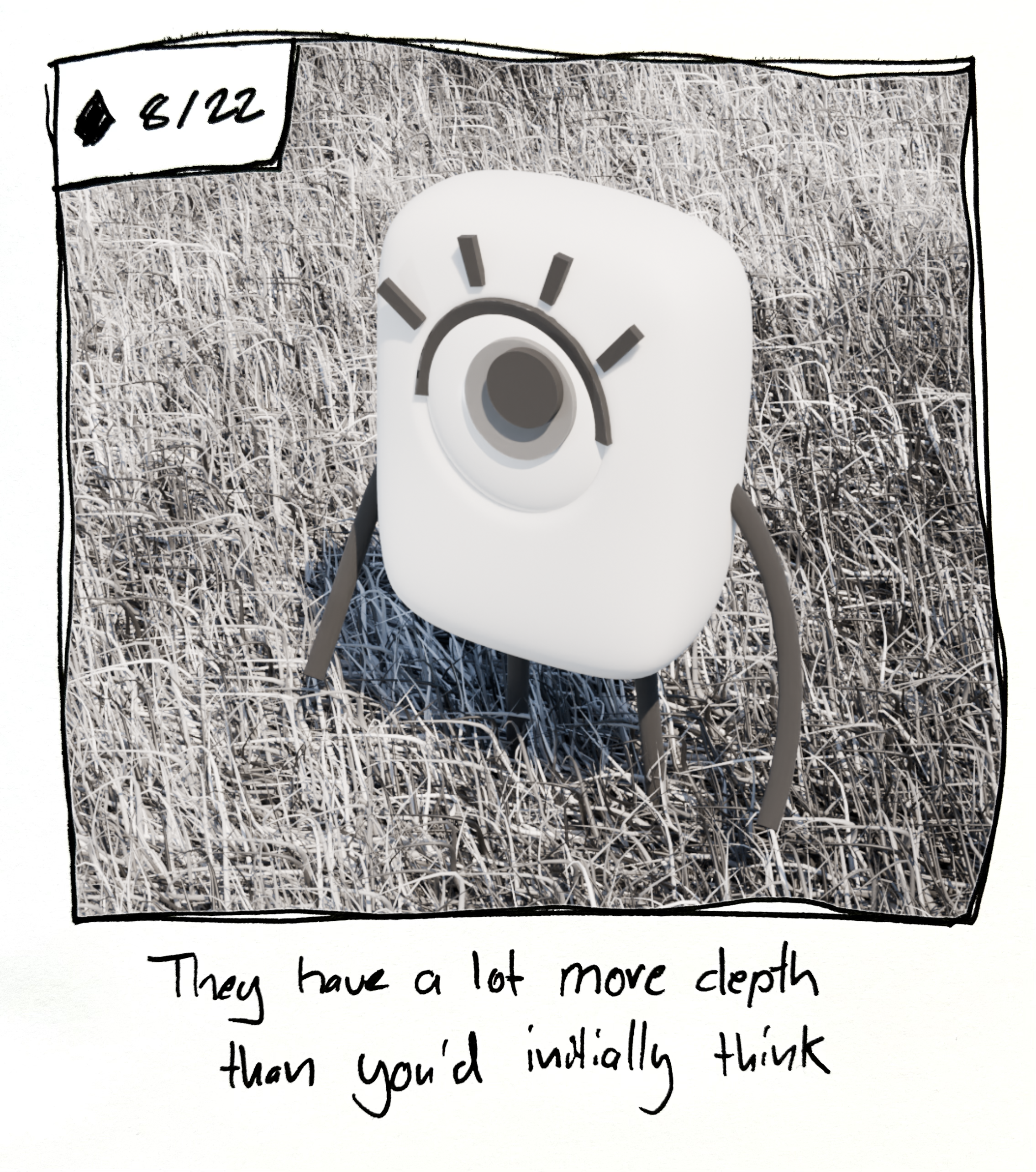 The little guy is rendered in 3D. The caption reads "they have a lot more depth than you'd initially think"