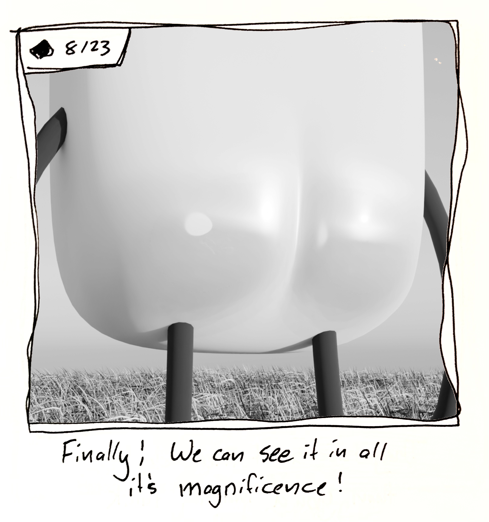 The camera zooms in on the little guys 3D rendered butt, which is shiny. The caption reads "Finally! We can see it in all its magnificence!"