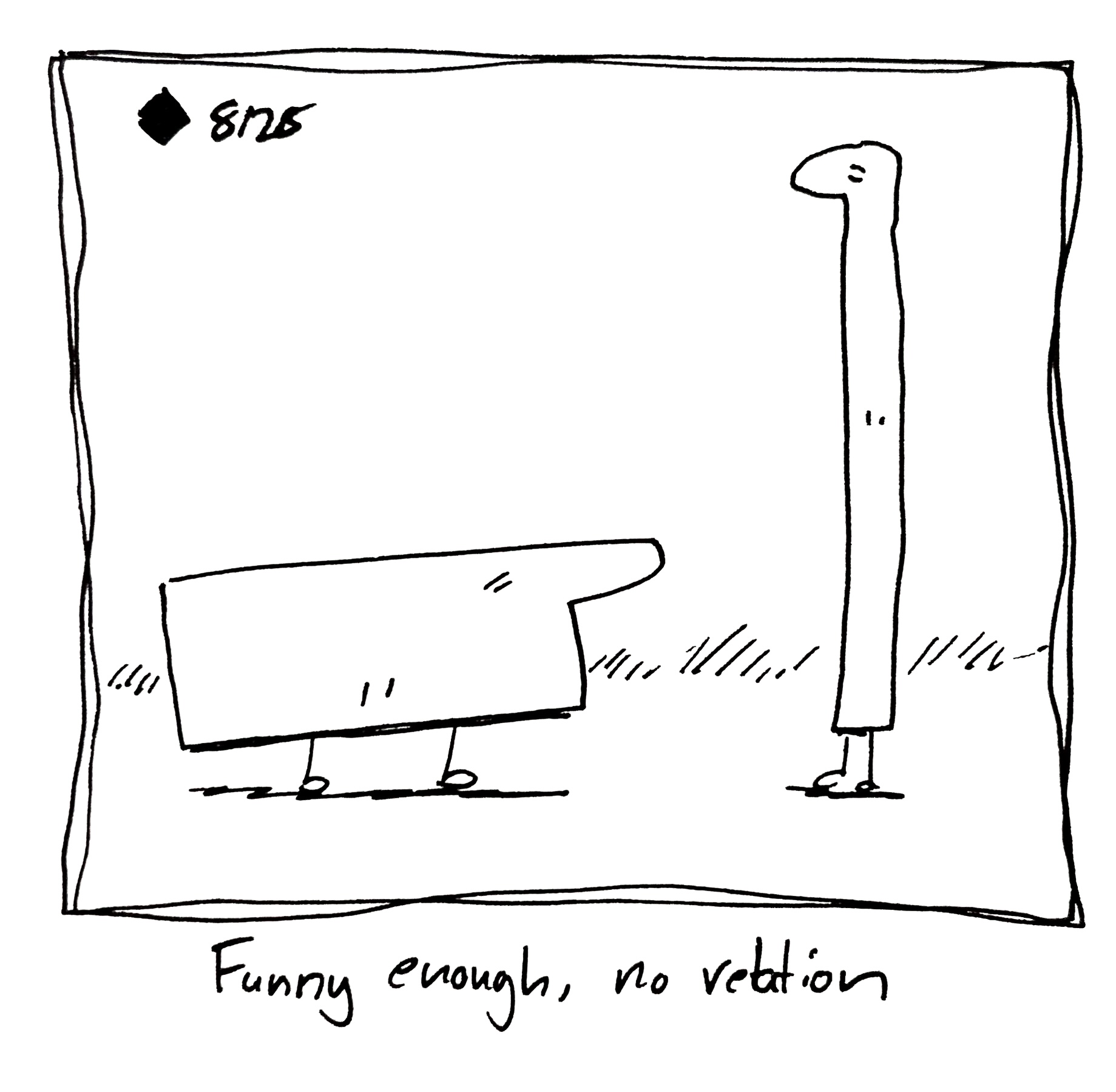 The wide one looks at the tall one. The caption reads "funny enough, no relation"