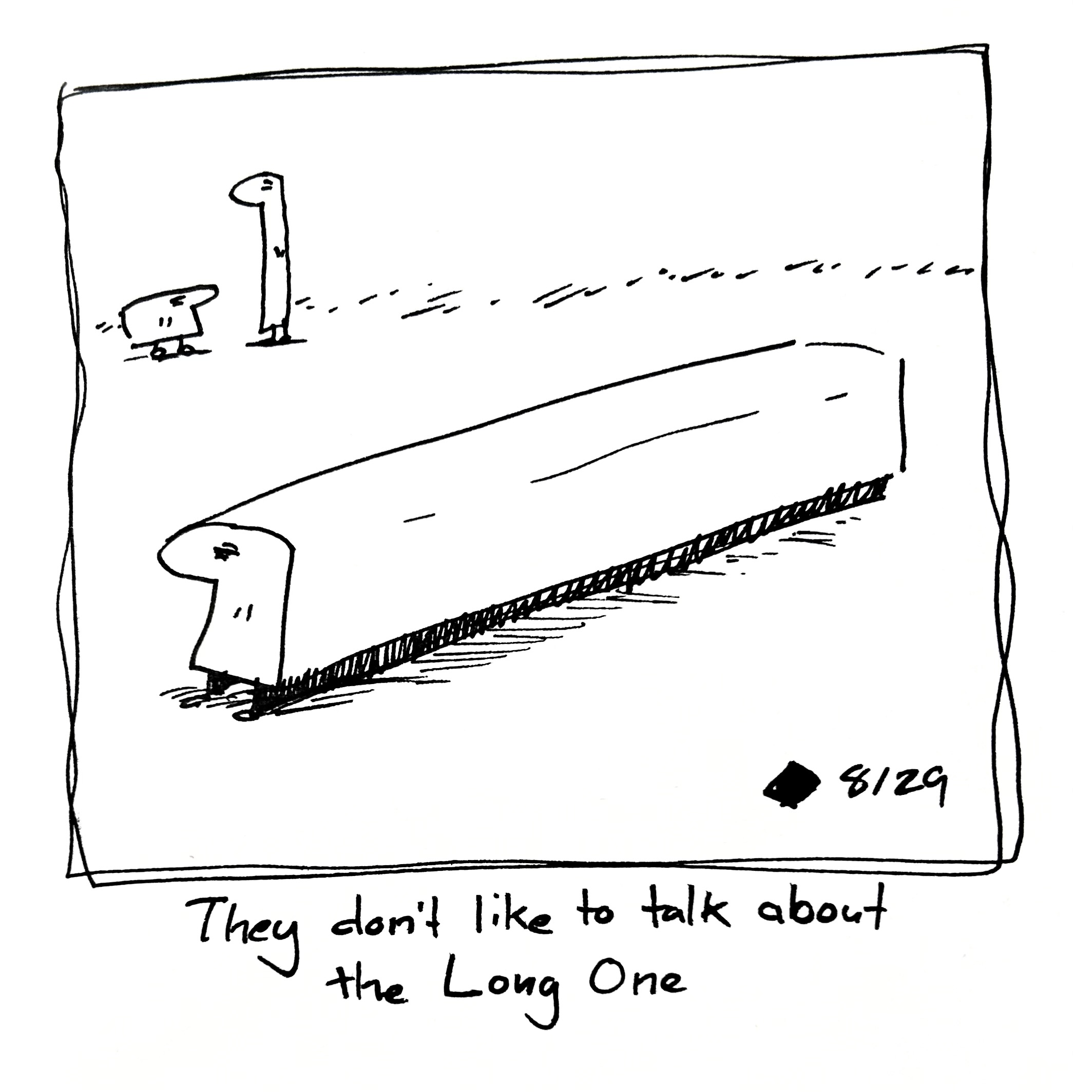 A Tall One shaped guy who's short, but extends backwards in 3D. The tall one and the wide one look on. The caption reads "they don't like to talk about The Long One