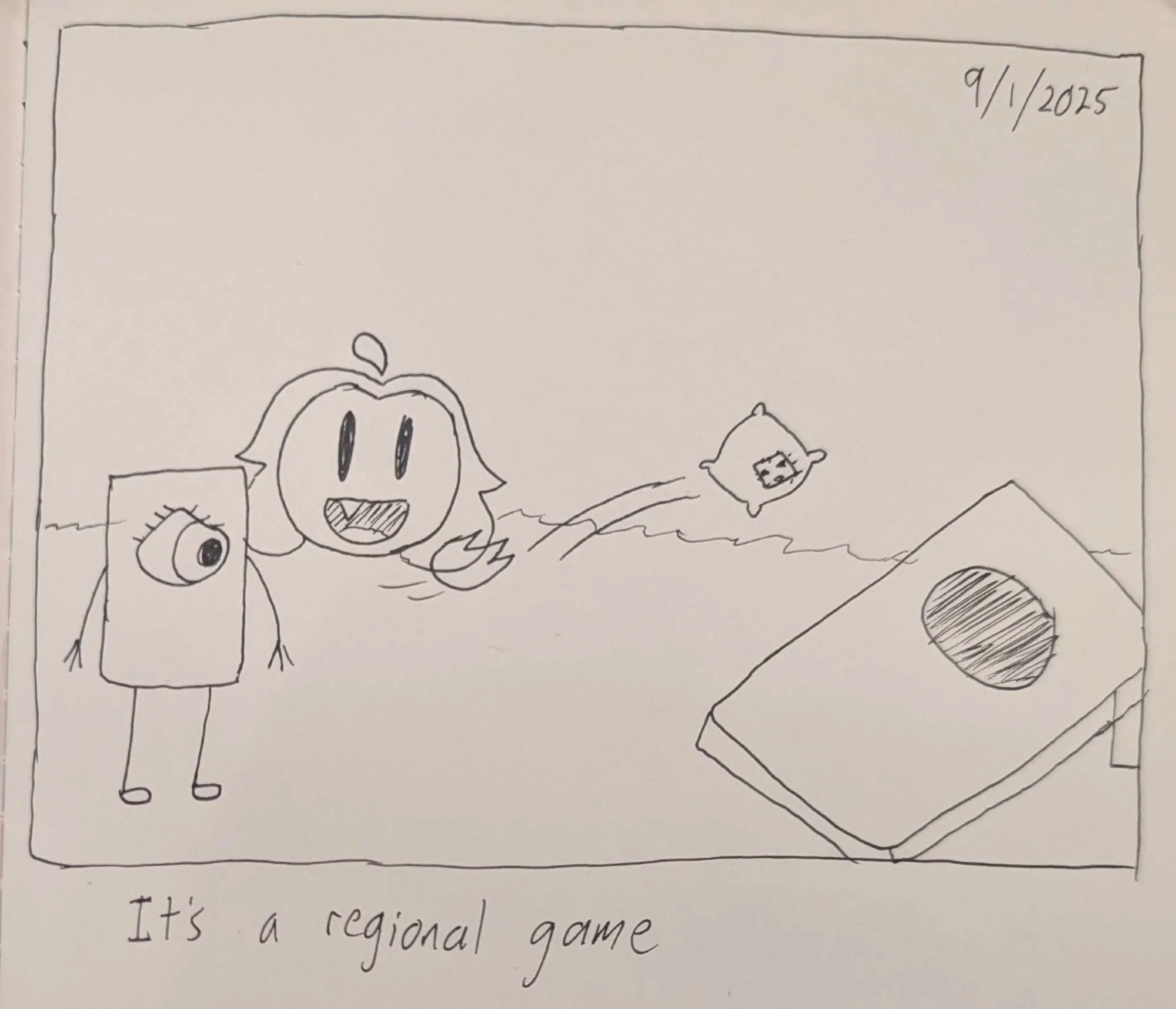 The Gromlin and the Little guy play cornhole. The caption reads "It's a regional game"