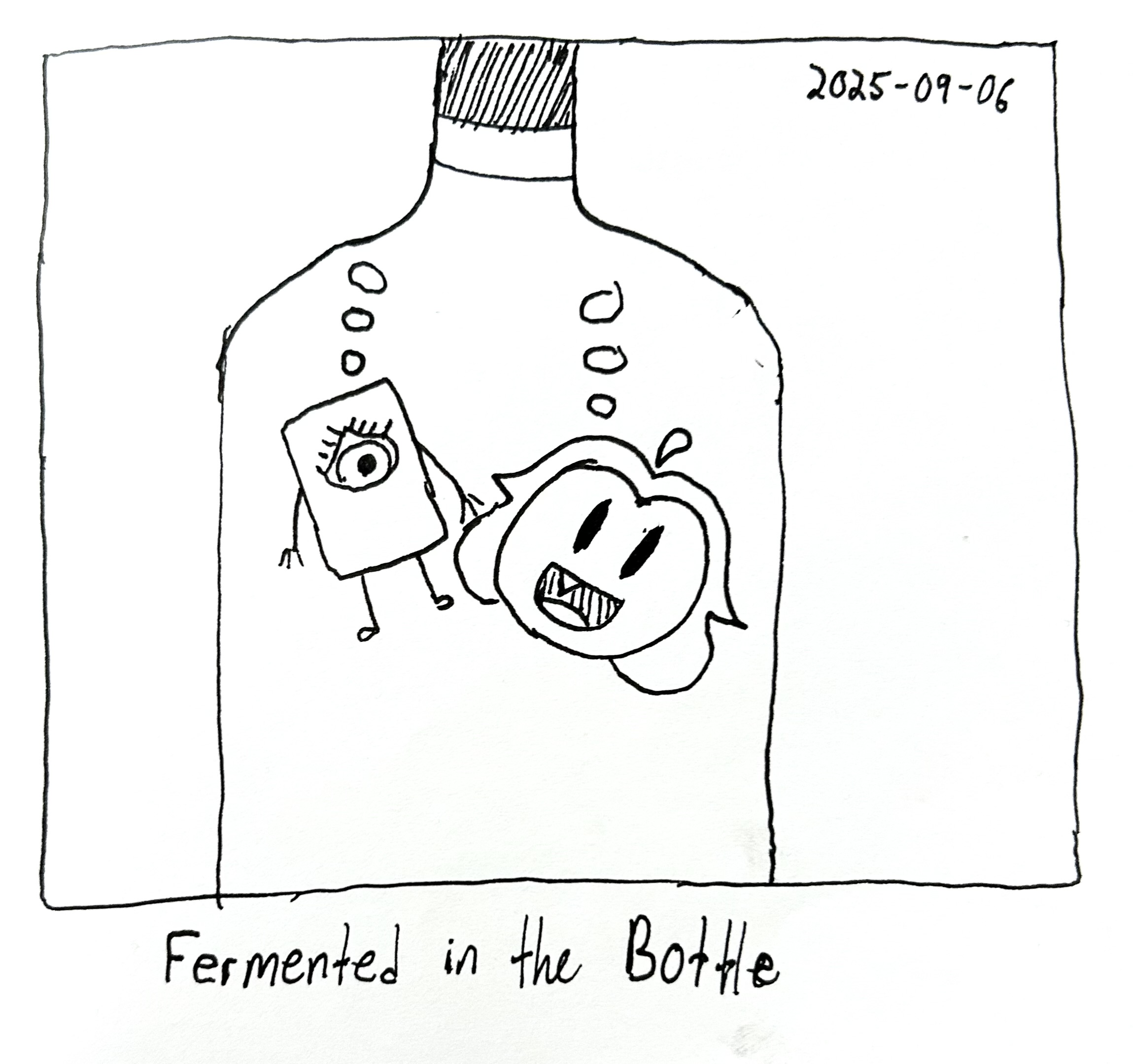 The little guy and the gromlin float in a bottle. The caption reads "fermented in the bottle"