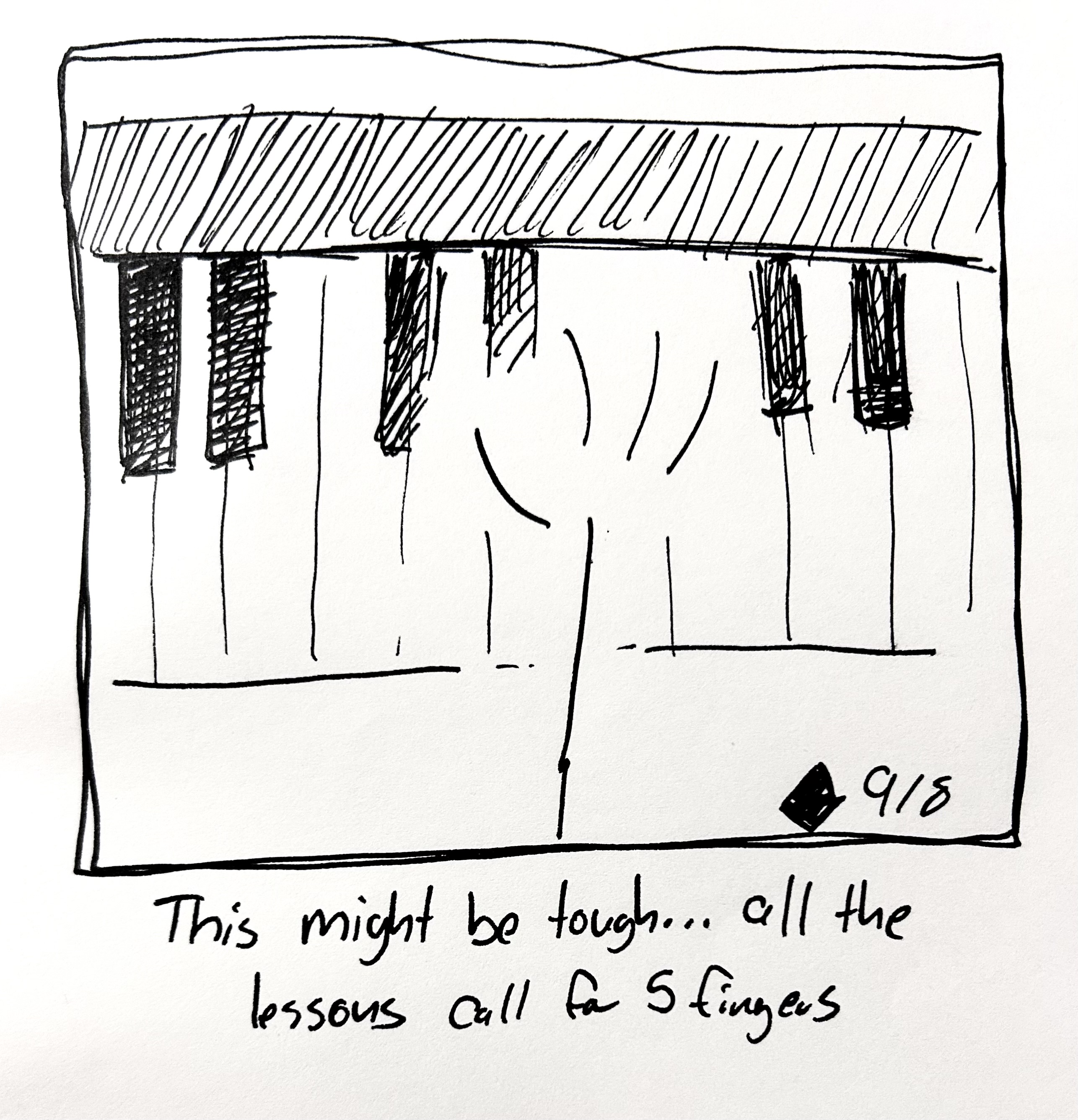 The little guy looks at their 4 fingered hand above a piano. The caption reads "this might be tough…all the lessons call for 5 fingers"