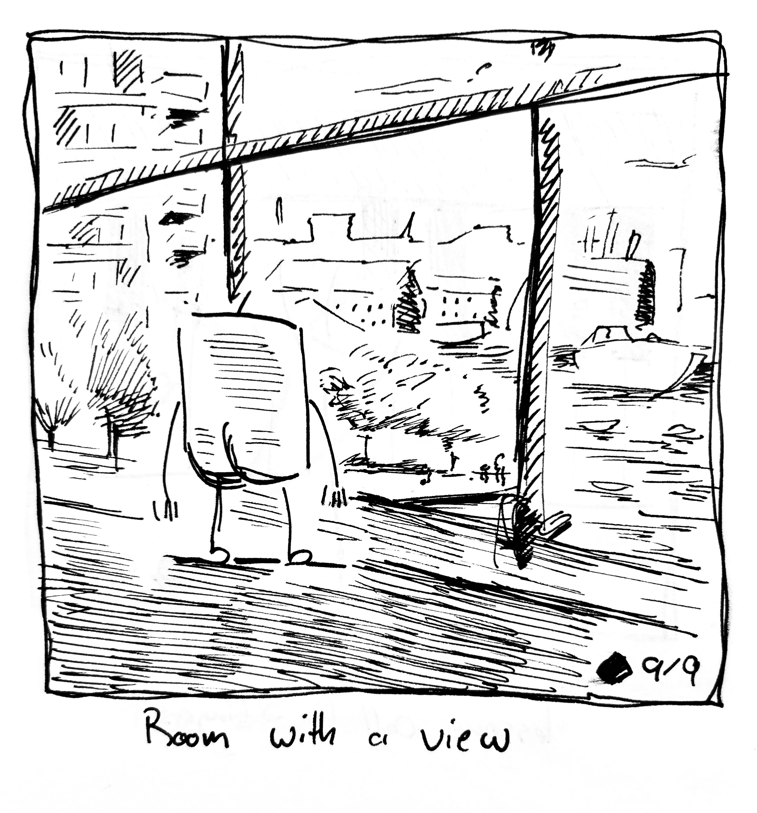 The little guy stares out a window at a harbor with their butt prominently showing. The caption reads "room with a view"