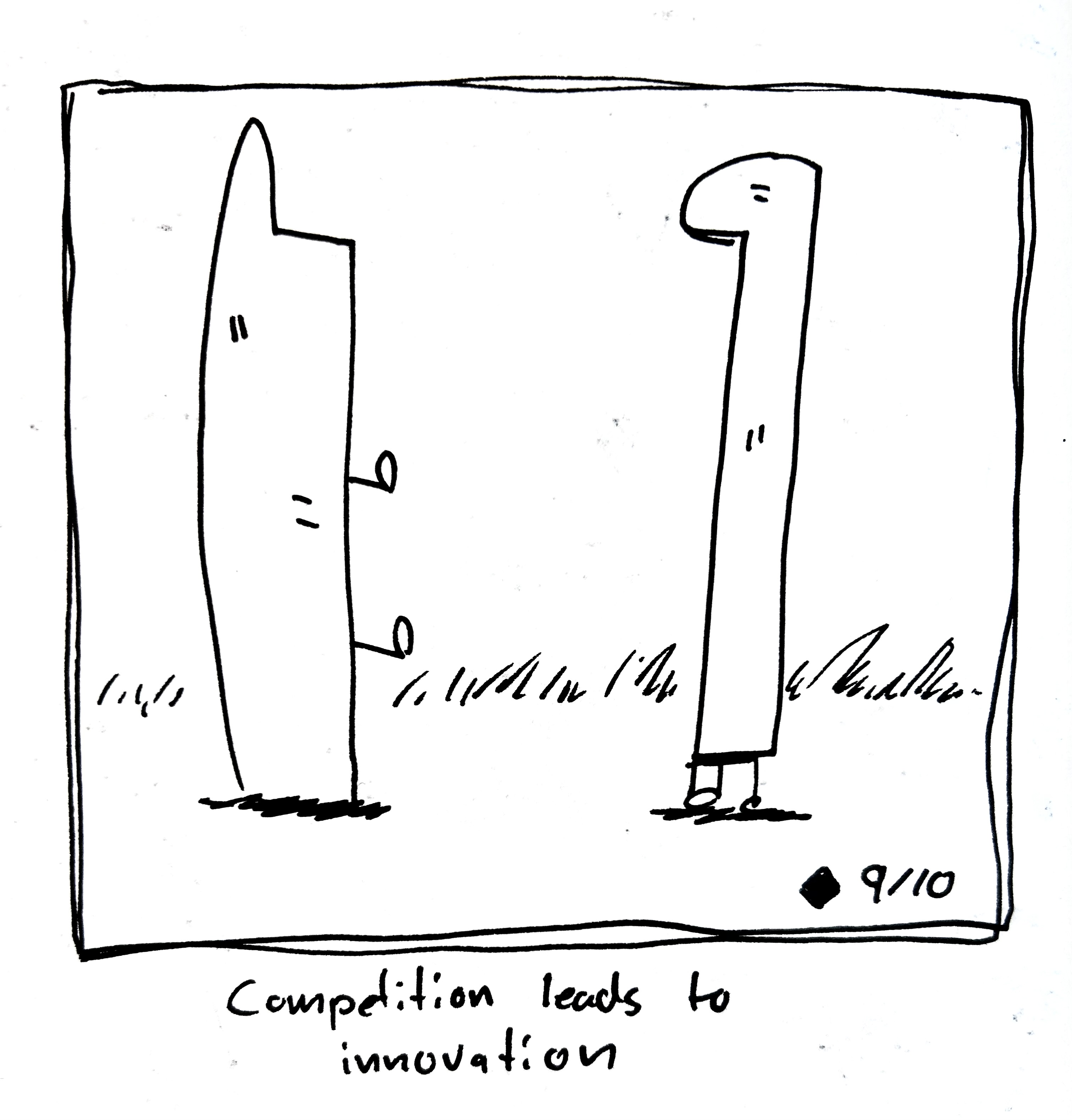 The wide one is tilted on their side so that they're roughly the same height as the tall one. The caption reads "competition leads to innovation"