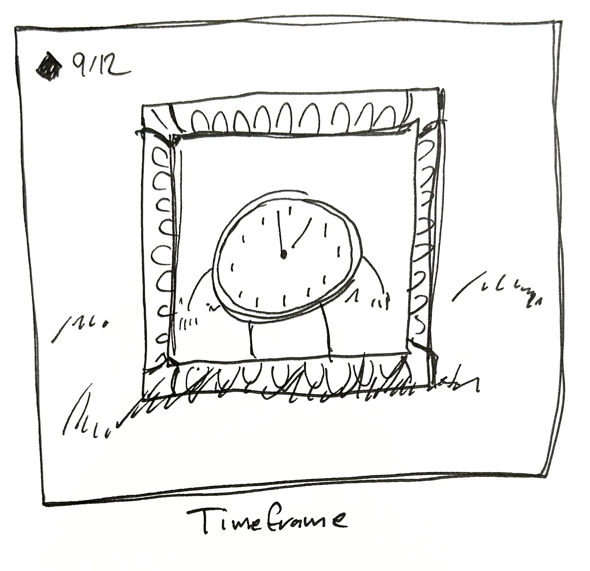 Time stands in the middle of a picture frame. The caption reads "Timeframe"