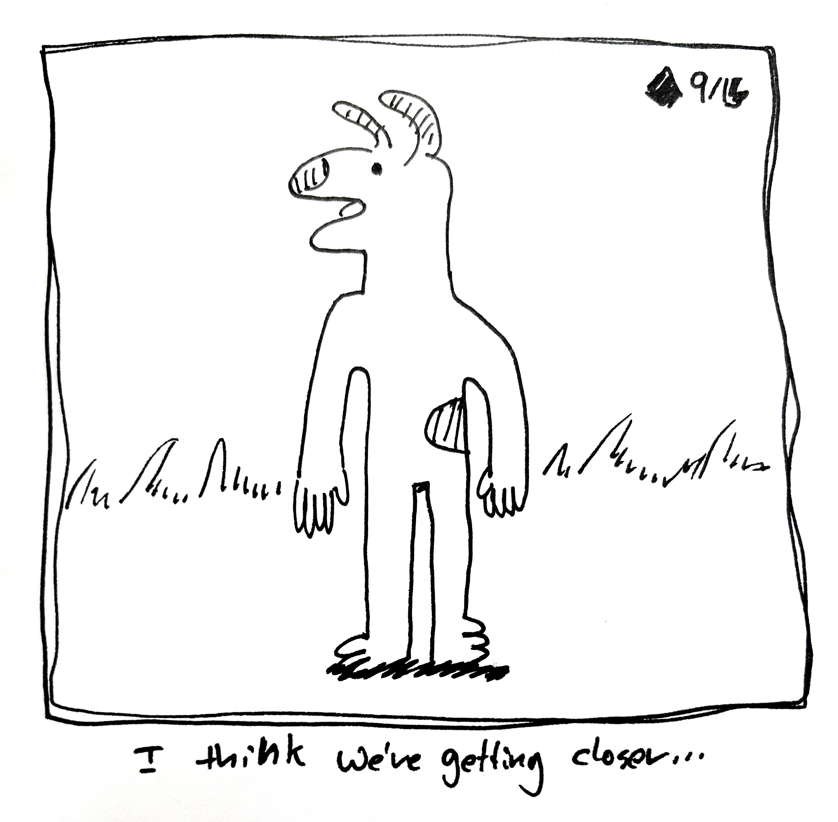 The good dog stands upright in a humanoid form. The caption reads "I think we're getting closer"