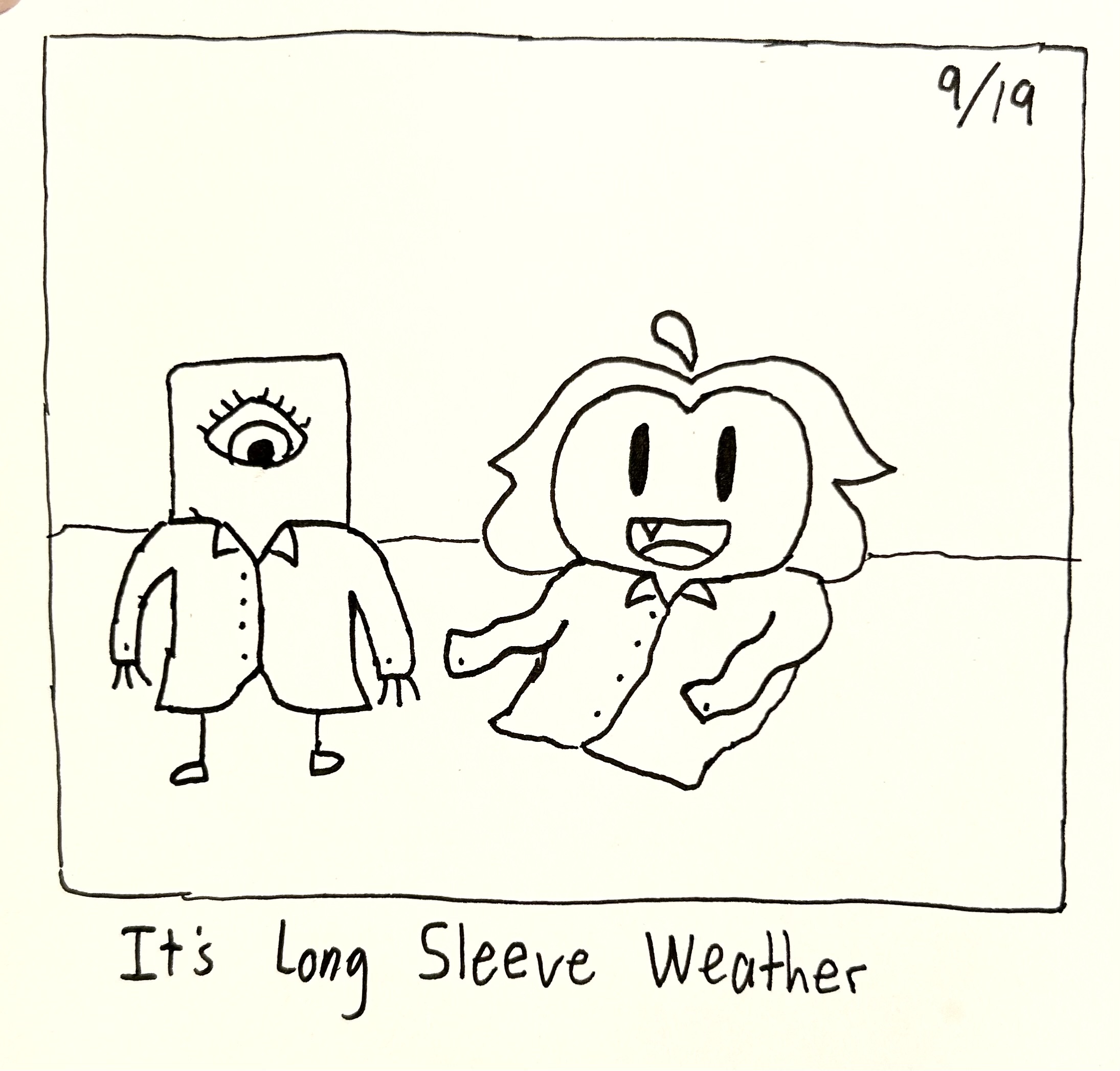 The little guy and a gromlin wait button downs. The caption reads "it's long sleeve weather"