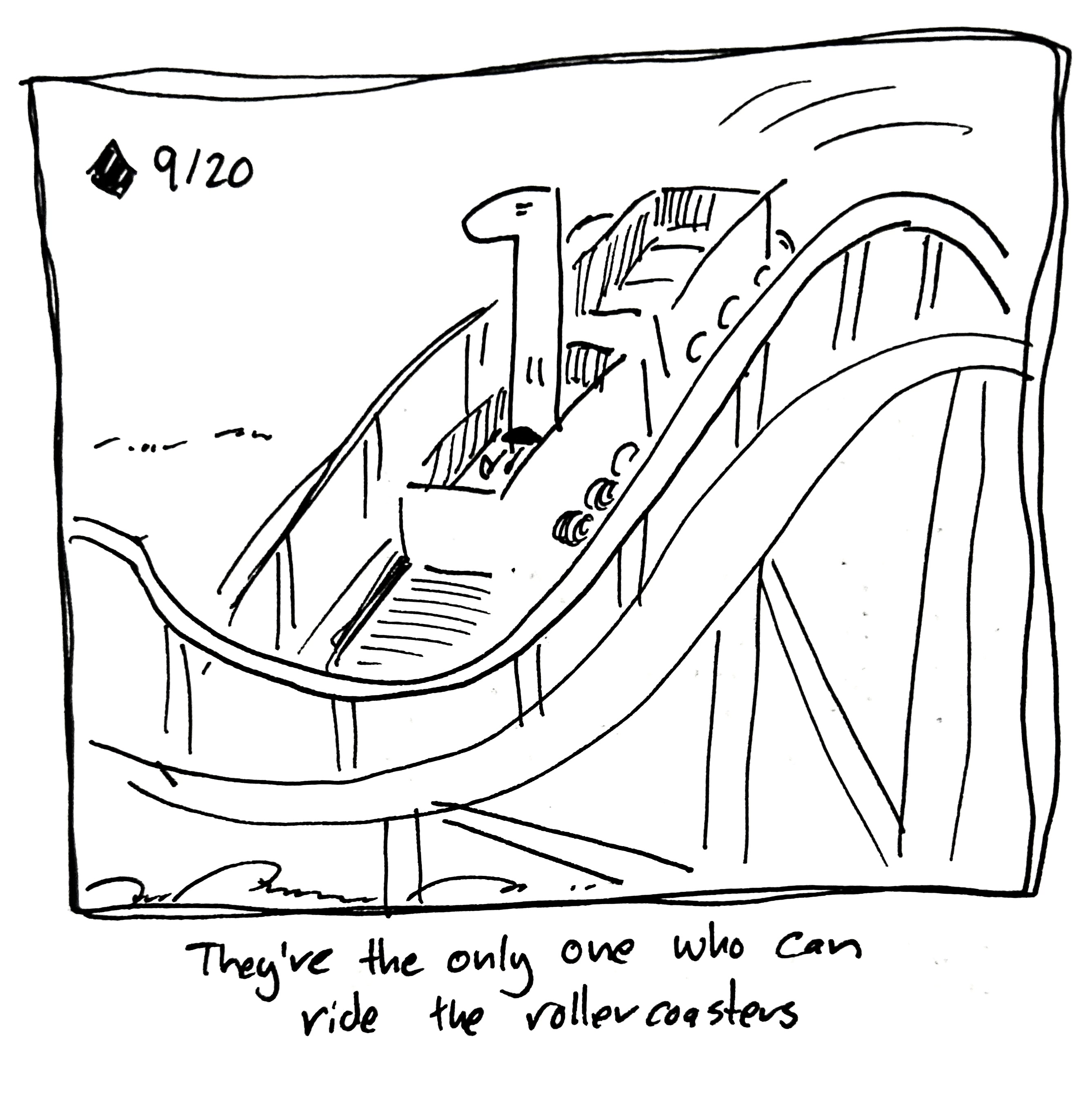 The Tall One rides a roller coaster by themself. The caption reads "They're the only one tall enough to ride the rollercoasters"