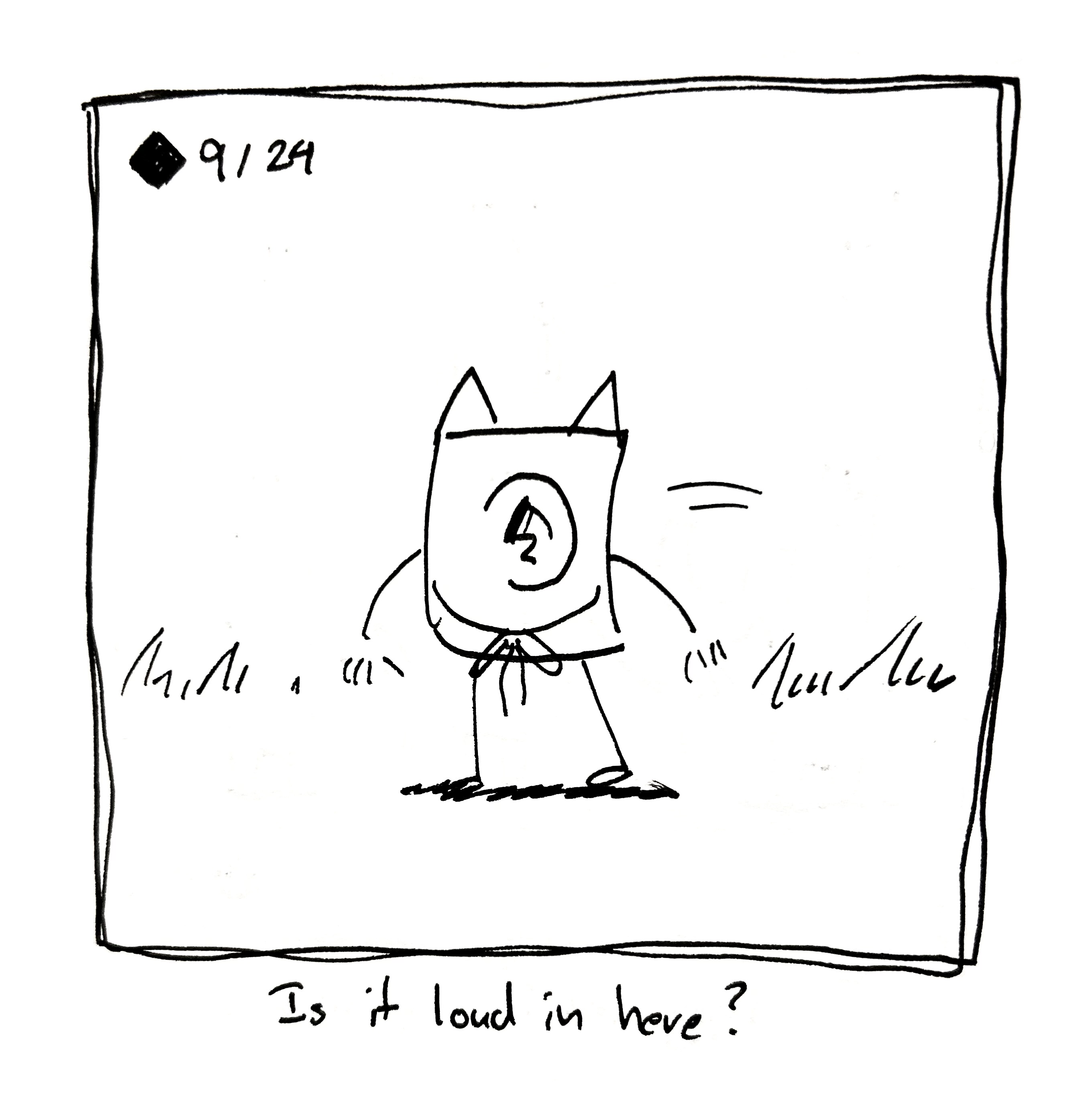 The ear little guy has on cat ears and is looking around. The caption reads "is it loud in here?"