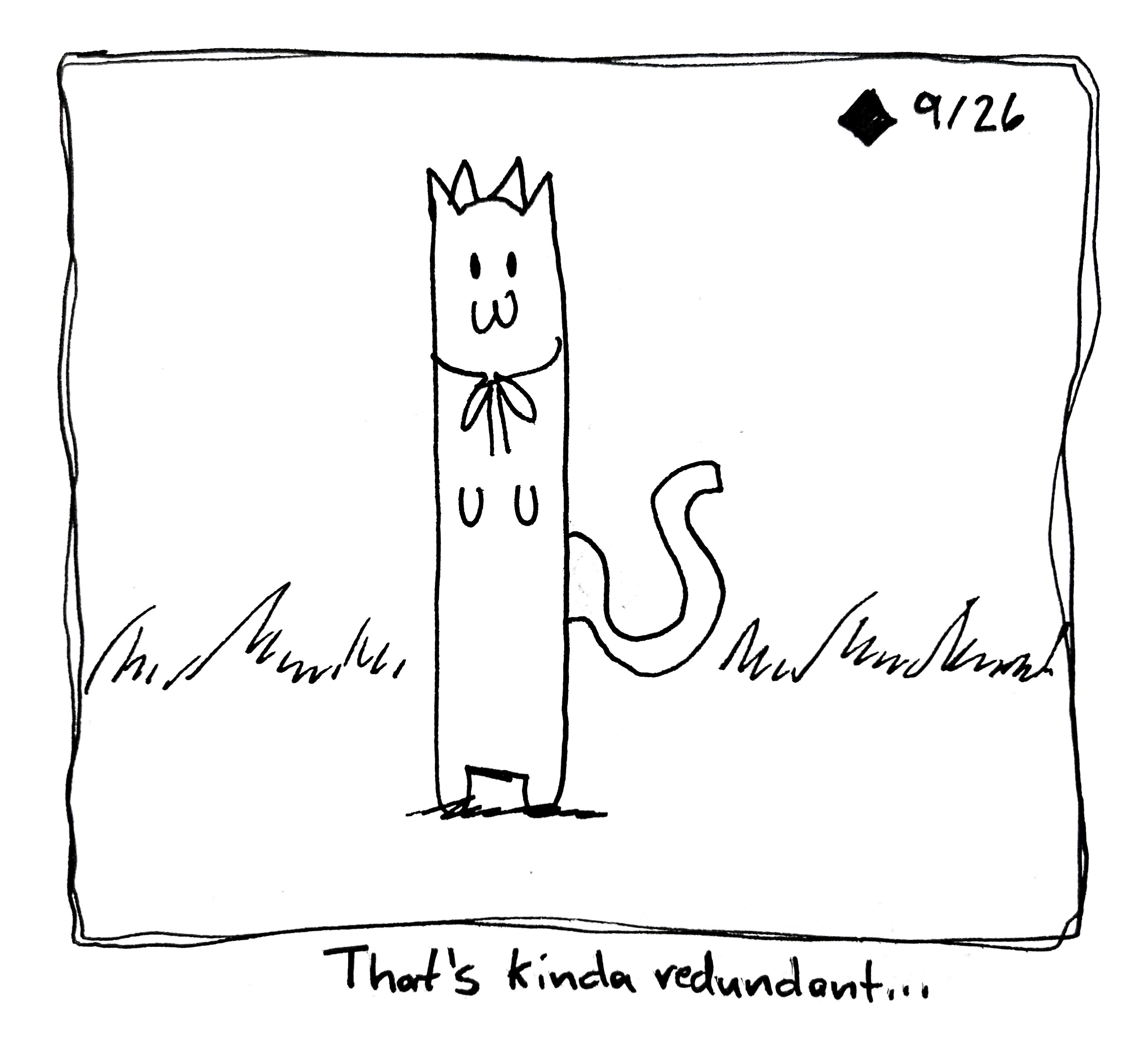 A cat wearing cat ears. The caption reads "that's kinda redundant…"