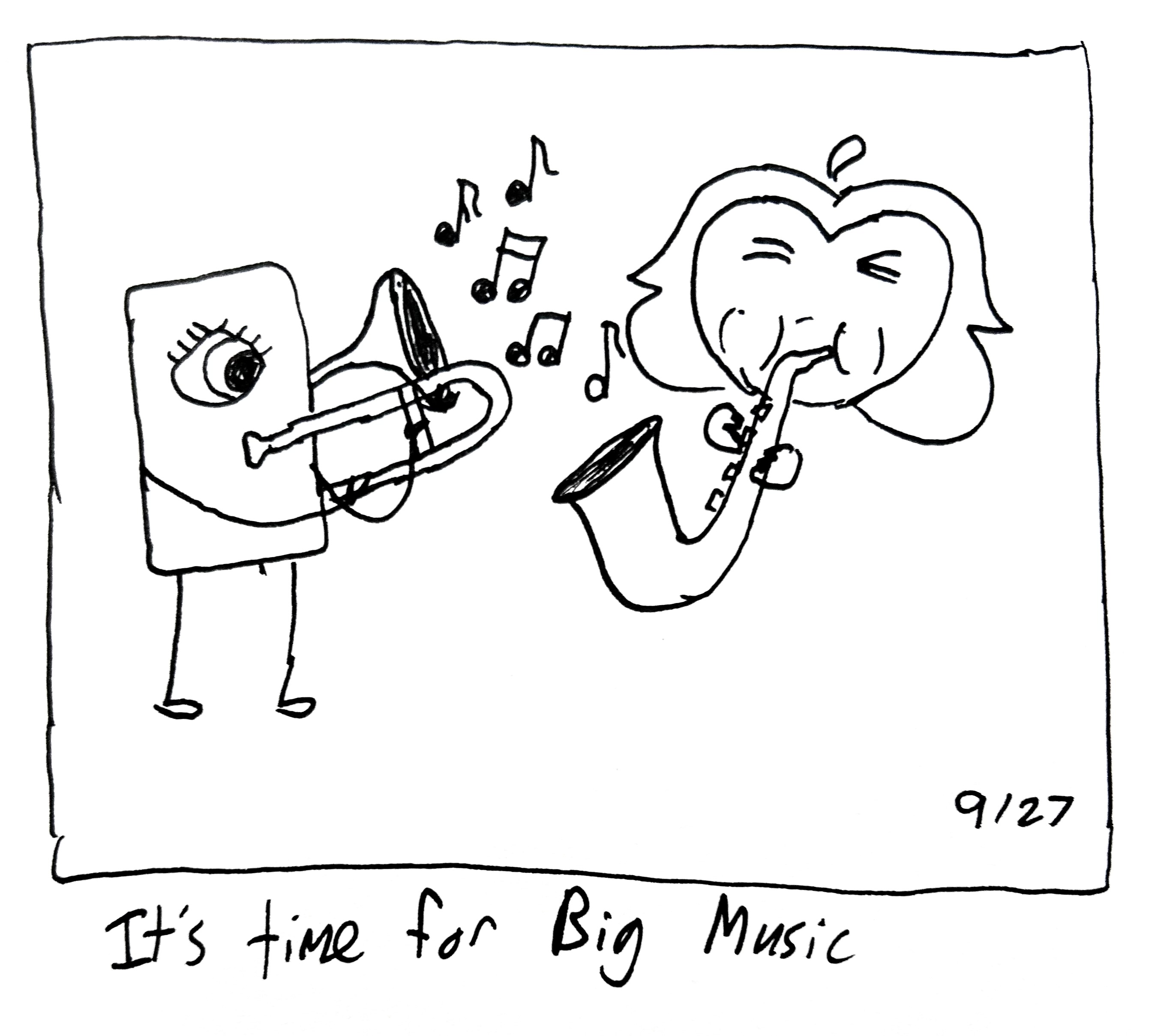 The little guy and the gromlin play a trombone and saxophone. The caption reads "it's time for Big Music"