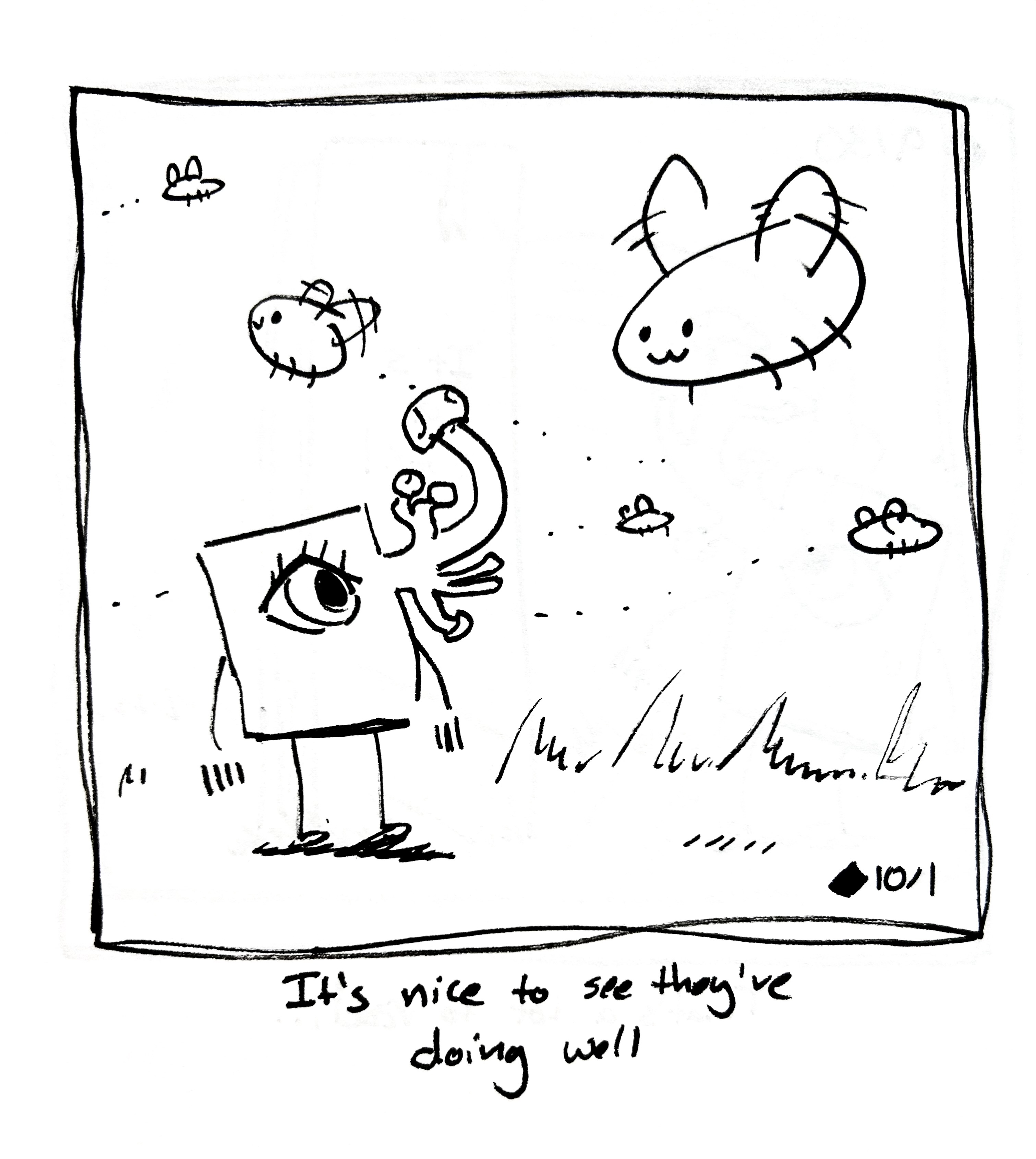 The little guy (still with mushrooms) looks out at a group of eggbugs flying around a field. The caption reads "it's nice to see they're doing well"