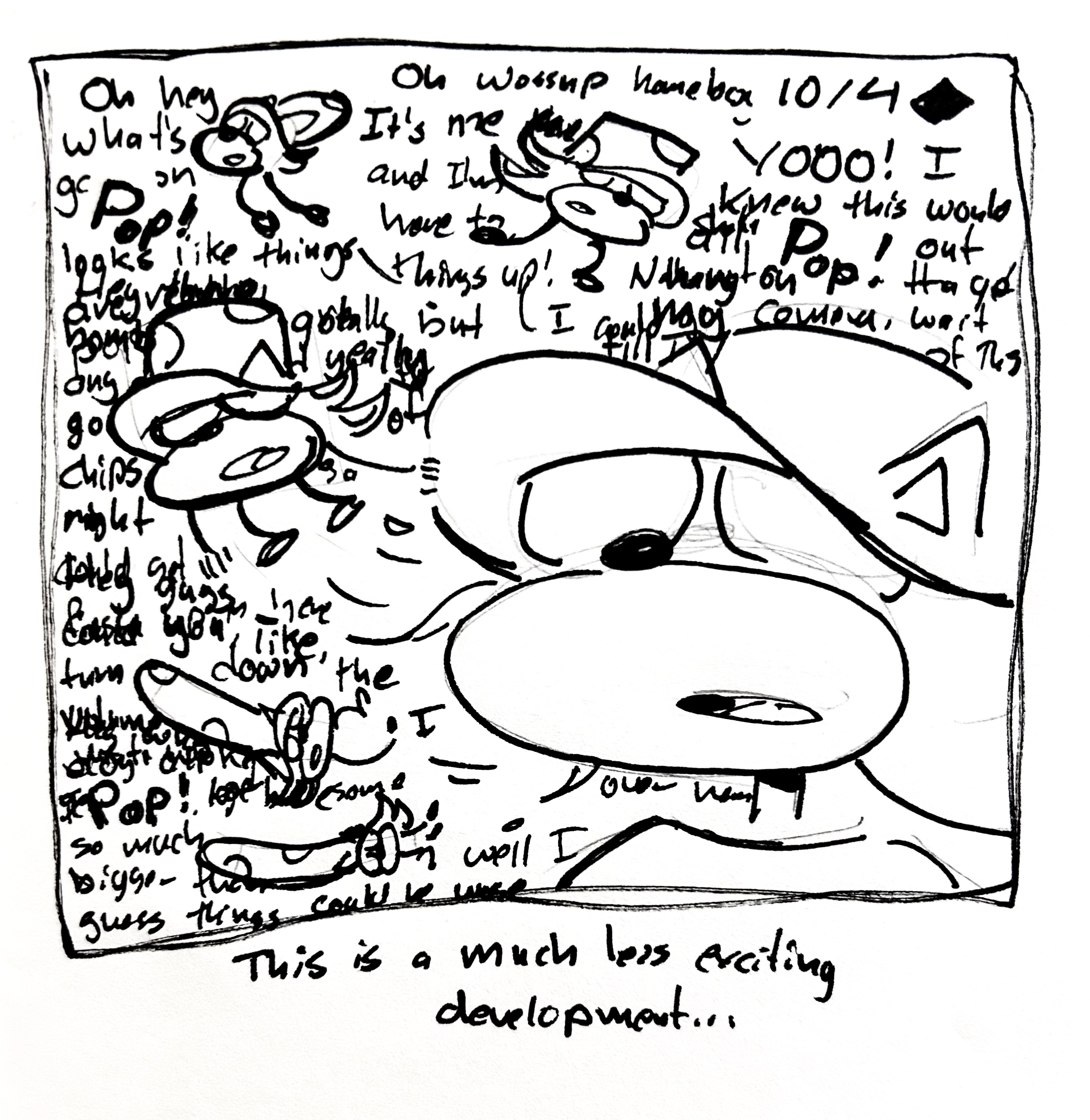 The mushrooms on vape shadow pop off into smaller, mushroomy vape shadows. They're all talking so much the text is overlapping and illegible. The caption reads "this is a much less exciting development…"