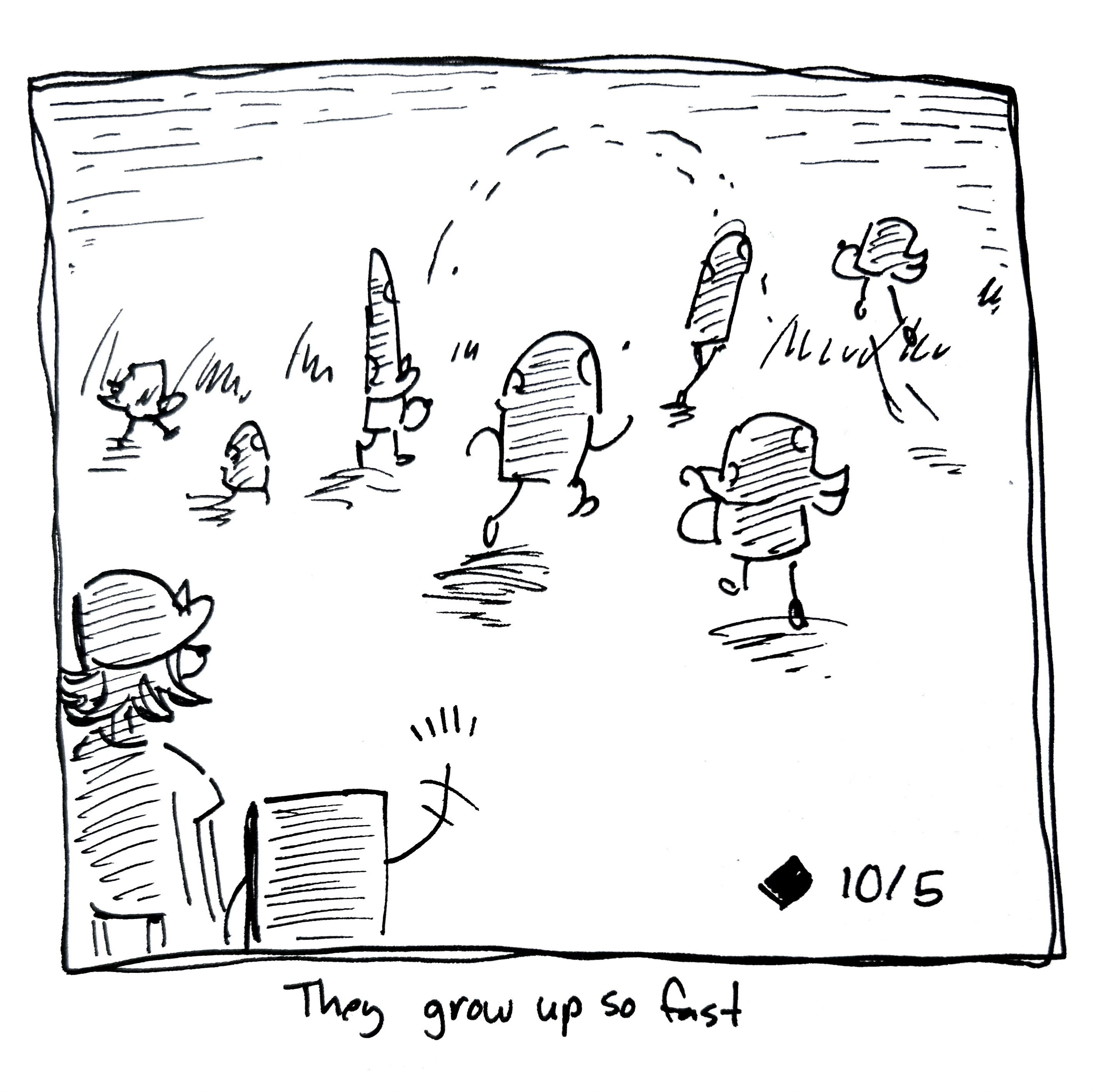 The Portabela Lugosis and mini vape shadows run off into the sunset as the little guy and vape shadow look on. The caption reads "they grow up so fast"