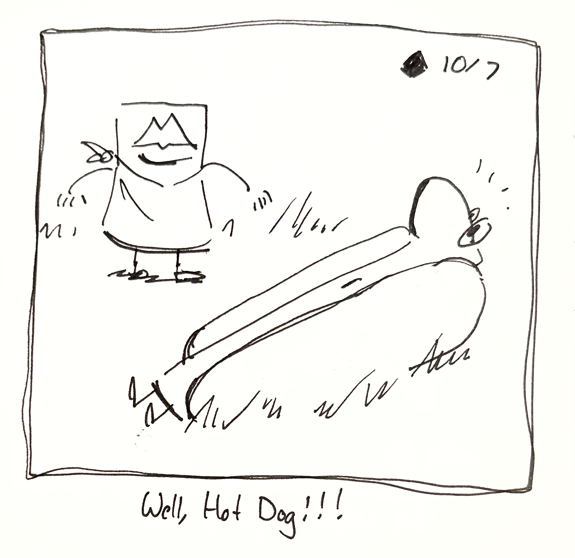 The moth cousin wears a bib and looks at the tall one in a hotdog bun. The tall one's eyes are popping out of their head. The caption reads "well, hot dog!!!"