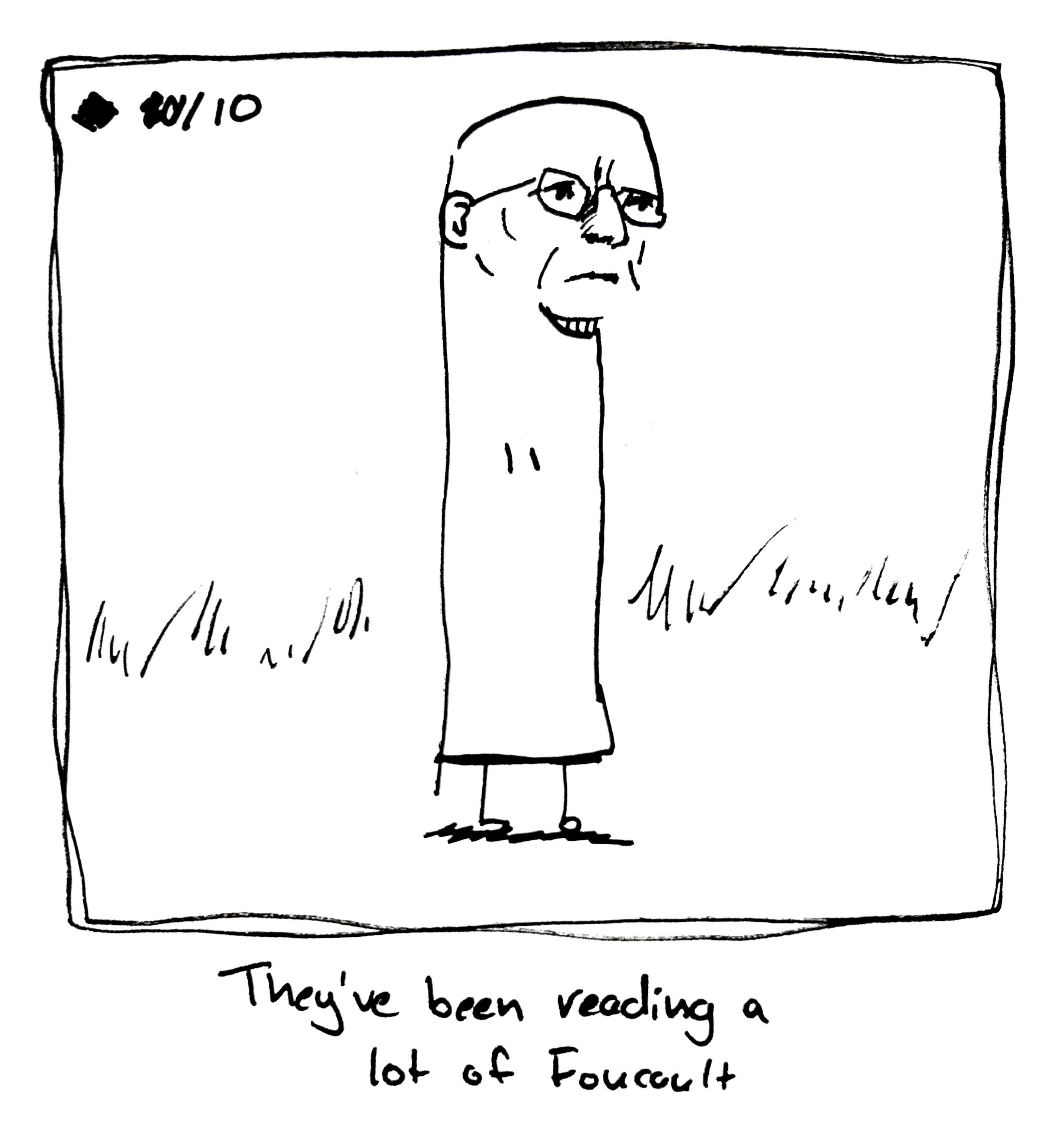 The tall one has Michel Foucault's head. The caption reads "they've been reading a lot of Foucault"