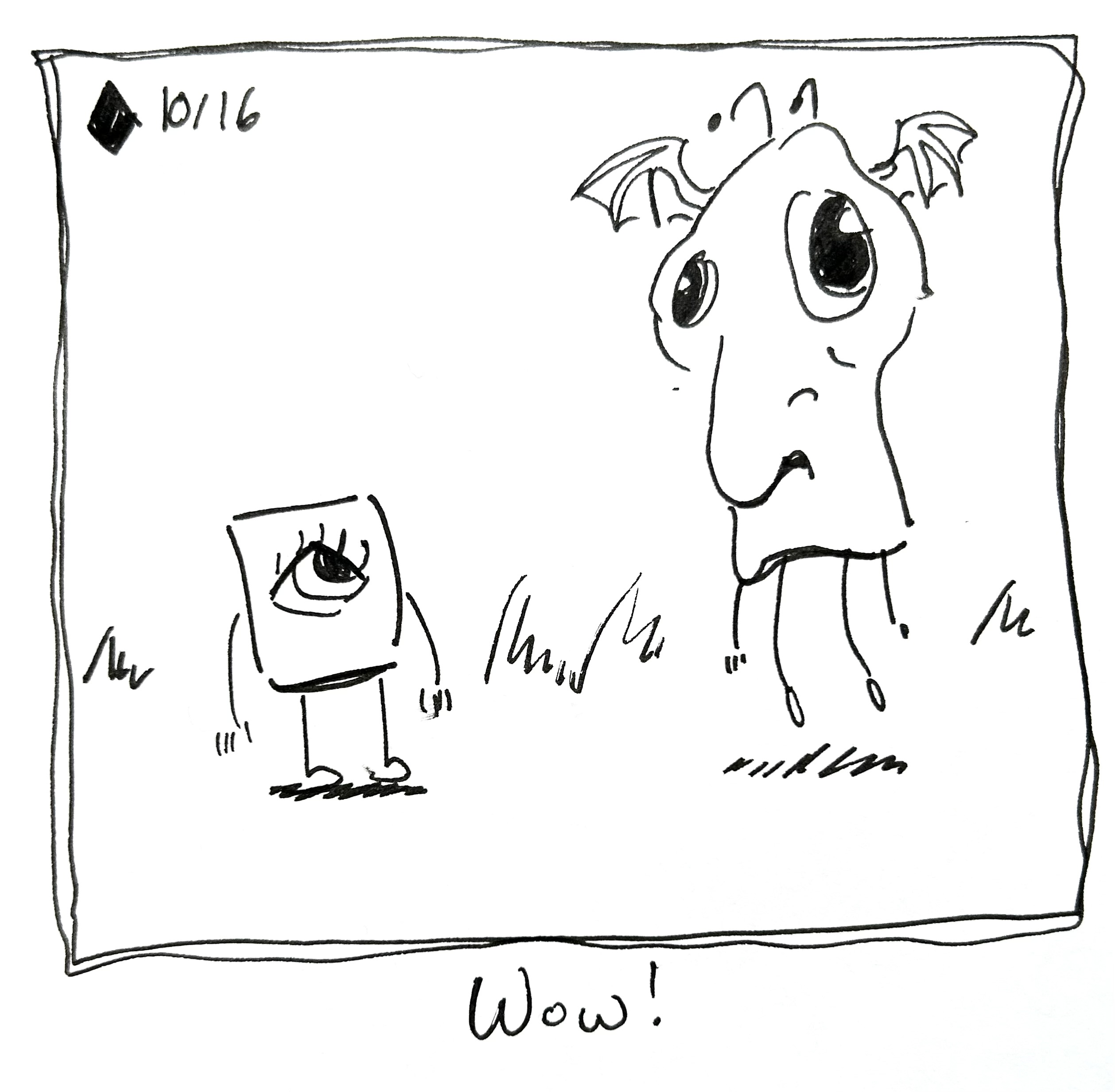 The little guy looks at some weird floaty guy. The caption reads "wow!"