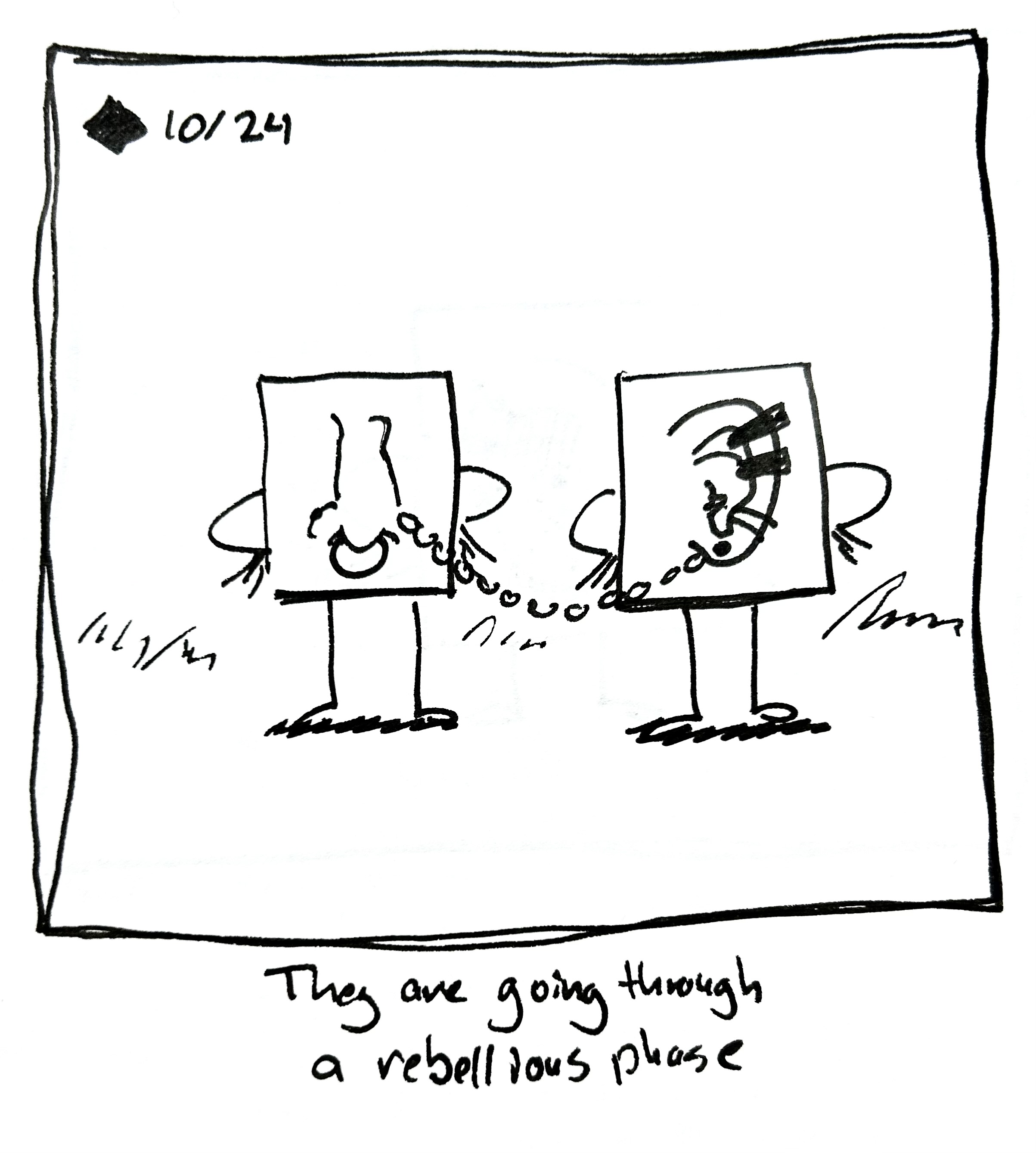 The nose cousin and the ear cousin hang out with a bunch of piercings, joined by a chain connecting the nose to the earlobe. The caption reads "they are going through a rebellious phase"