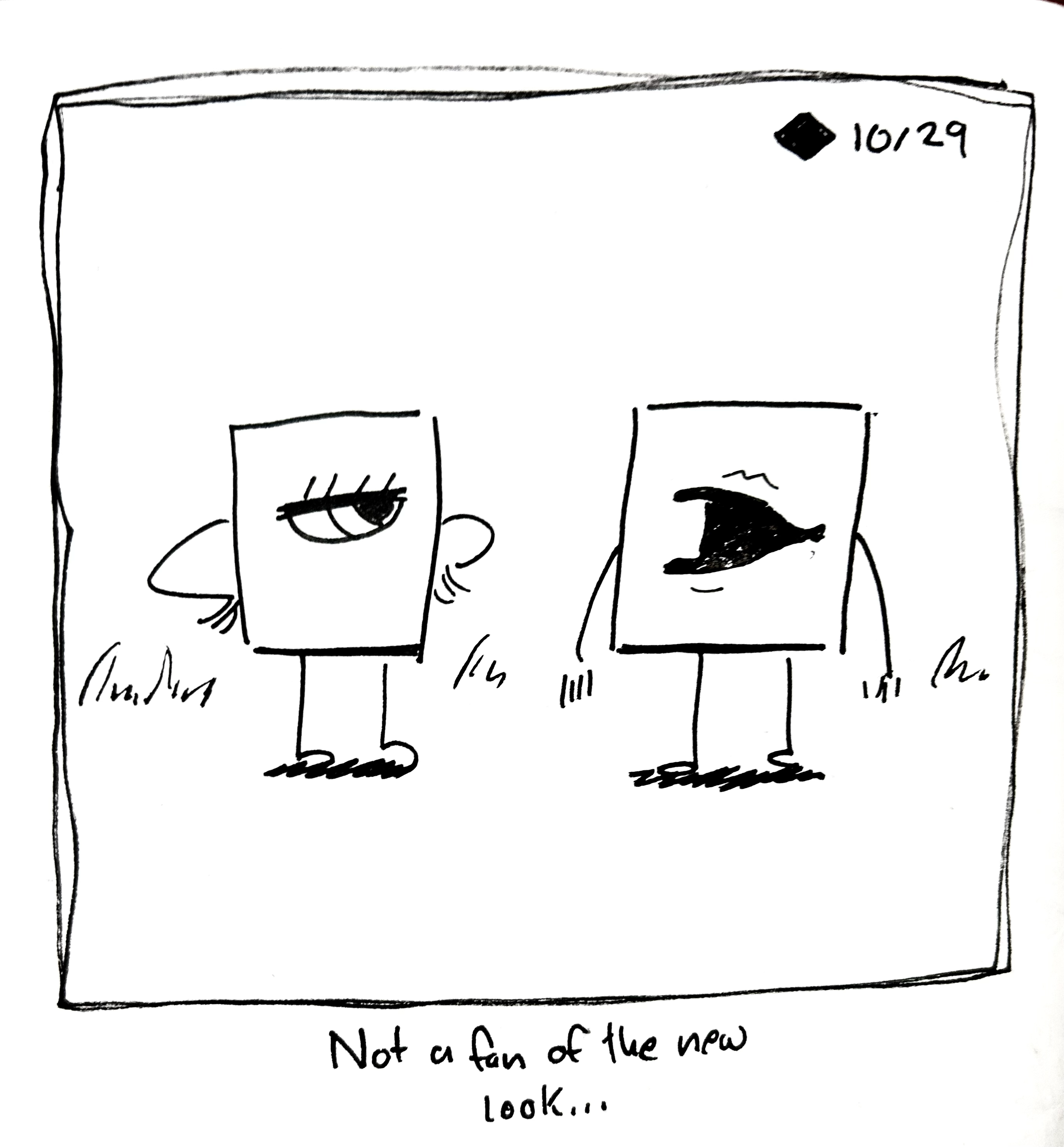 The little guy looks annoyed as the mouth cousin makes Hella Jeff mouth. The caption reads "not a fan of the new look…"