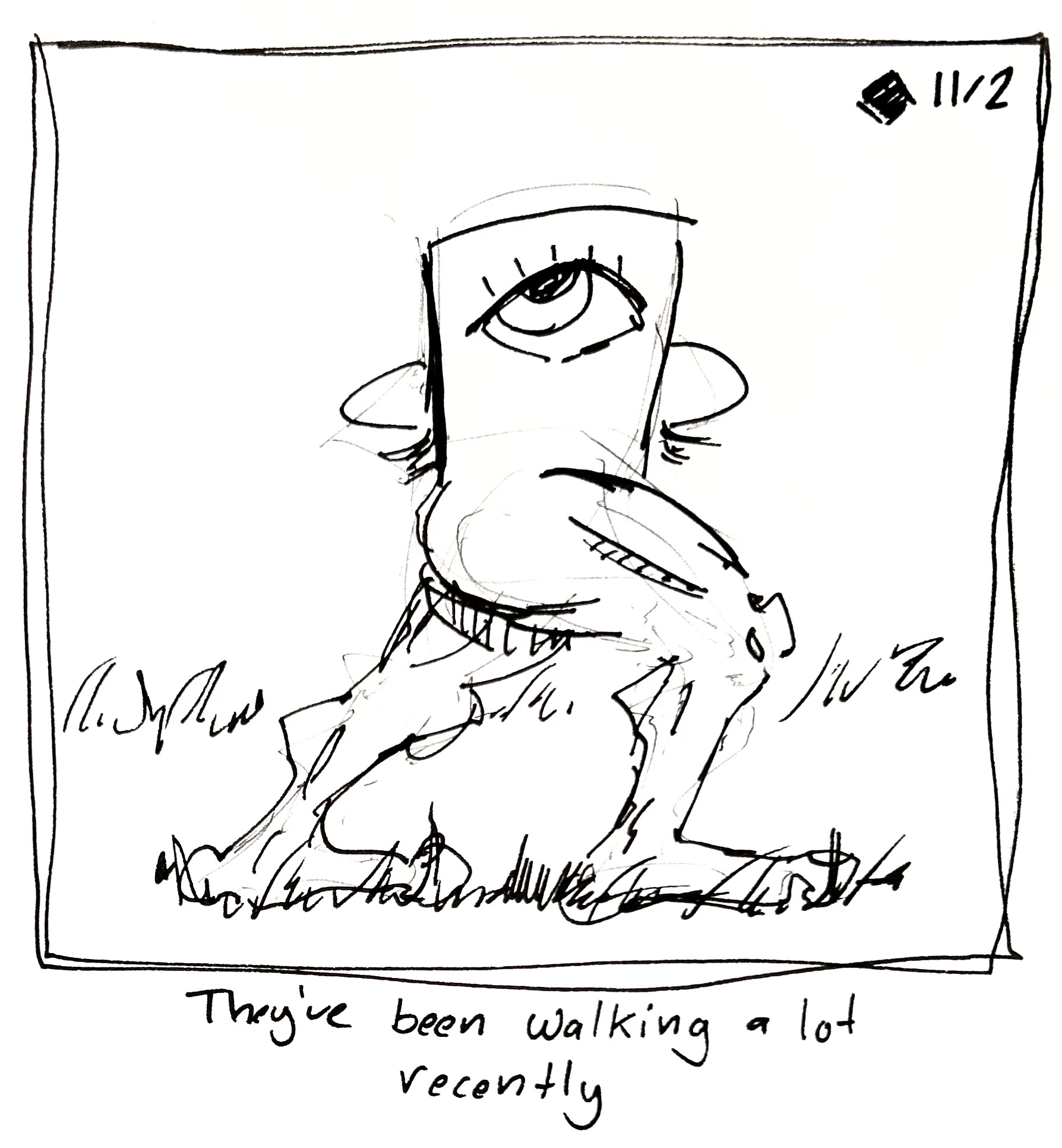 The little guy shows off some powerful legs. The caption reads "they've been walking a lot recently