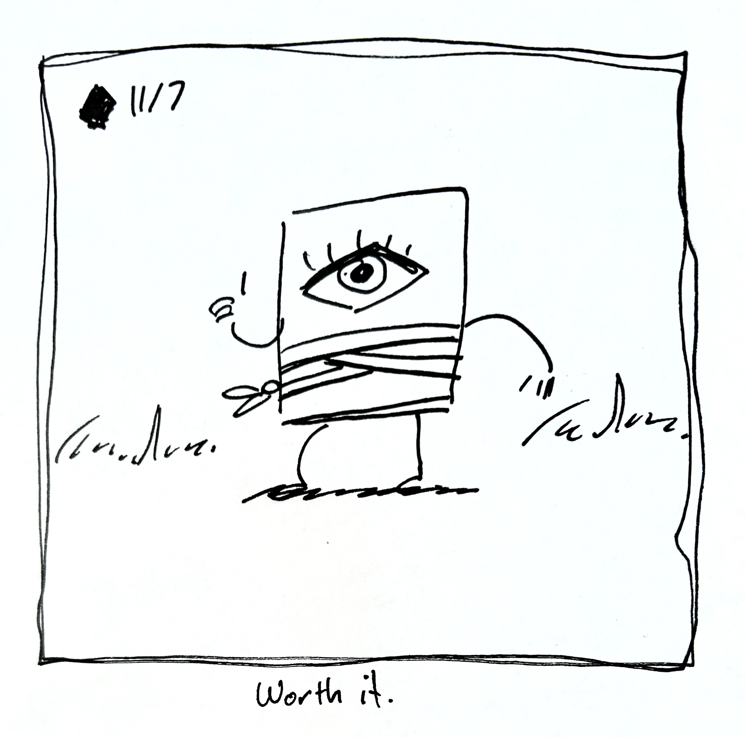 The little guy has a bandage from being cut in half by chainsaw man in the previous panel. They're giving a thumbs up. The caption reads "worth it"