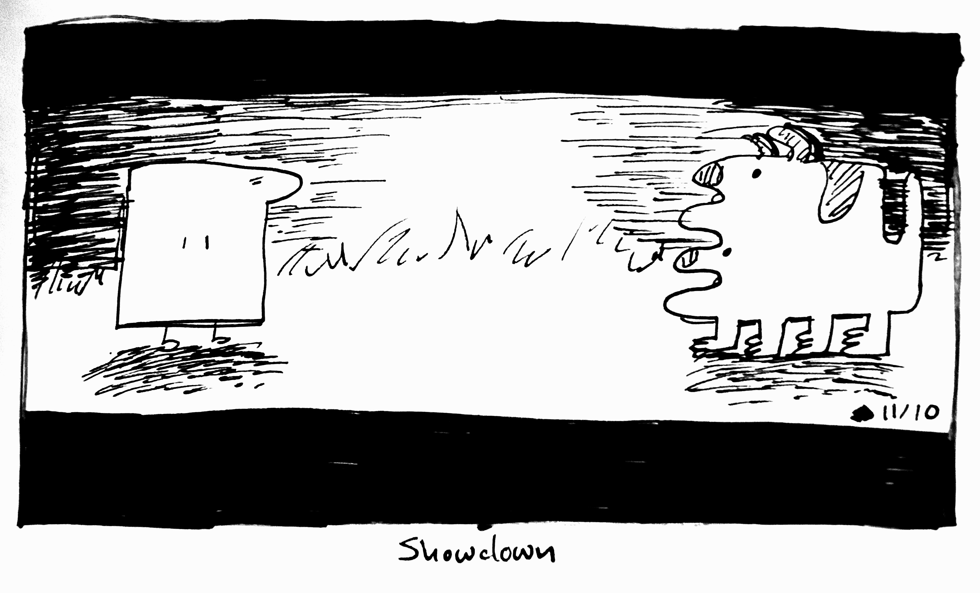 The tall wide one or wide tall one saves off against the very good dog as the sun sets. The scene is in widescreen and letterboxed and the caption reads "showdown"