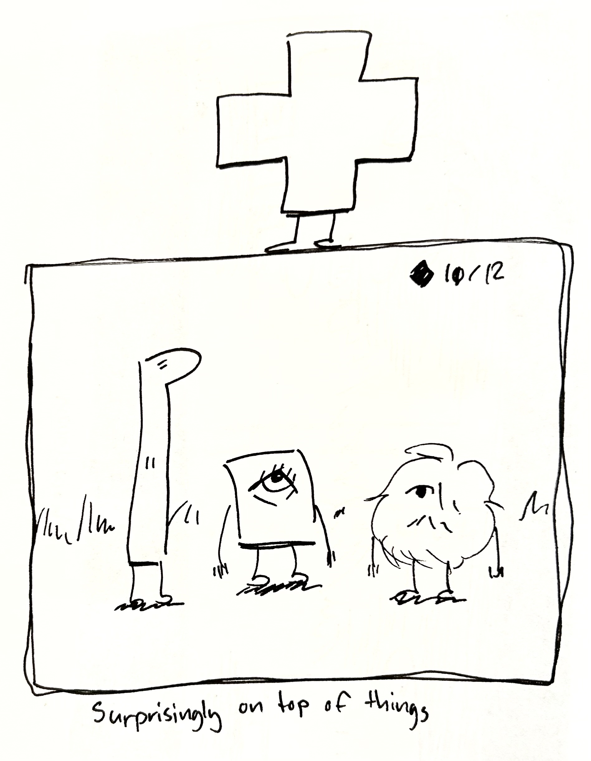 The plus shaped guy stands on top of the comic panel. The little guy, the tall one, and the mercenary look up at them. The caption reads "surprisingly on top of things"