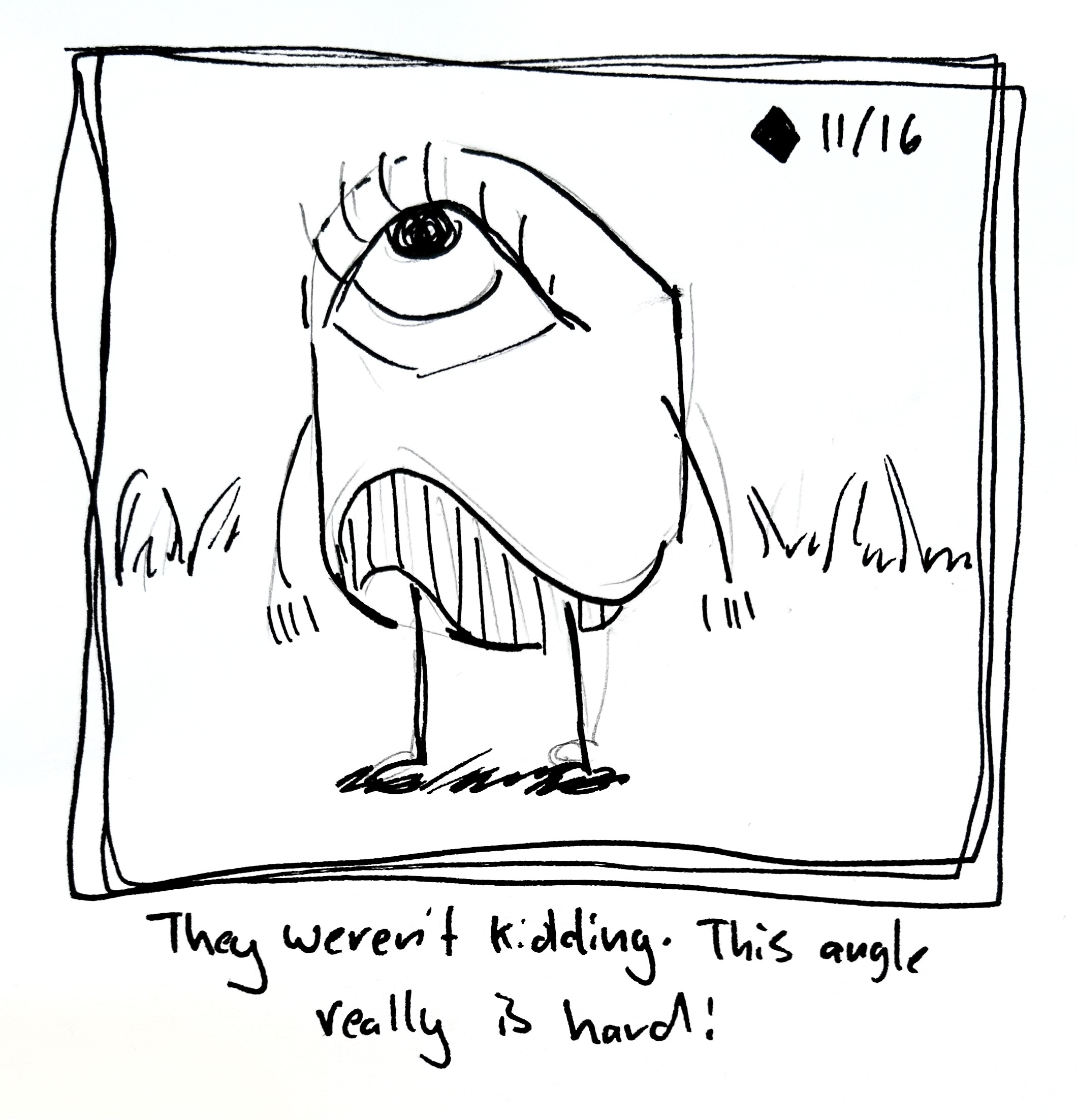 the little guy is drawn at the awkward frieren angle from the meme. the caption reads "they weren't kidding. This angle really is hard!"